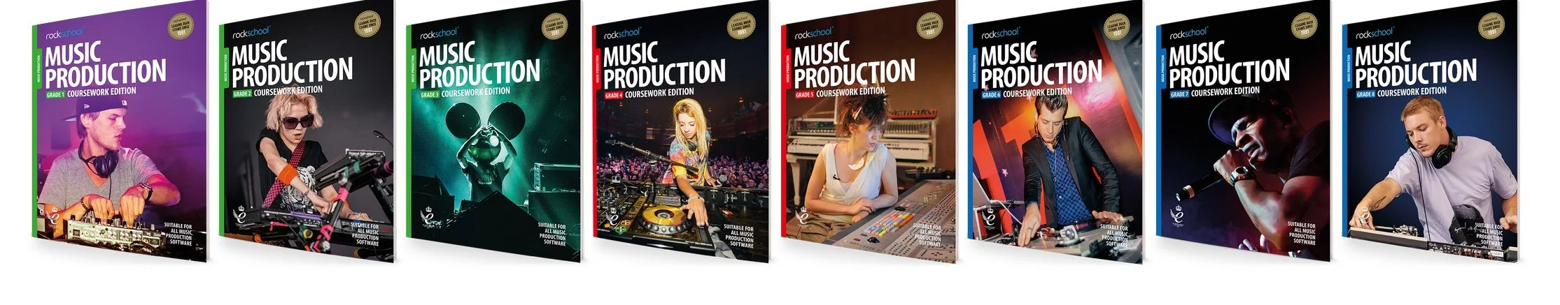 Several music production coursework edition books from Rockschool, each featuring different cover designs with individuals using music equipment like DJ turntables and microphones. Each book is labeled with a different grade number, suggesting differ