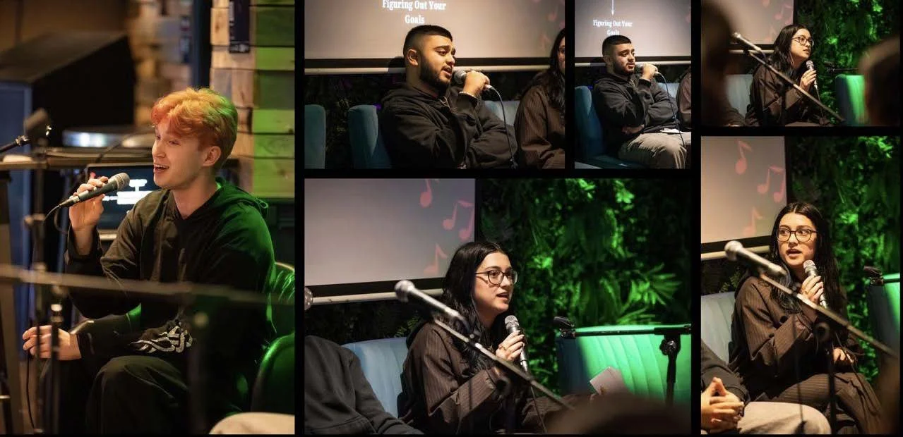 A collage of photographs showing leading a panel discussion as part of the Leicester Music Conference