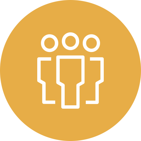 Icon of three people outlined in white on a mustard background.