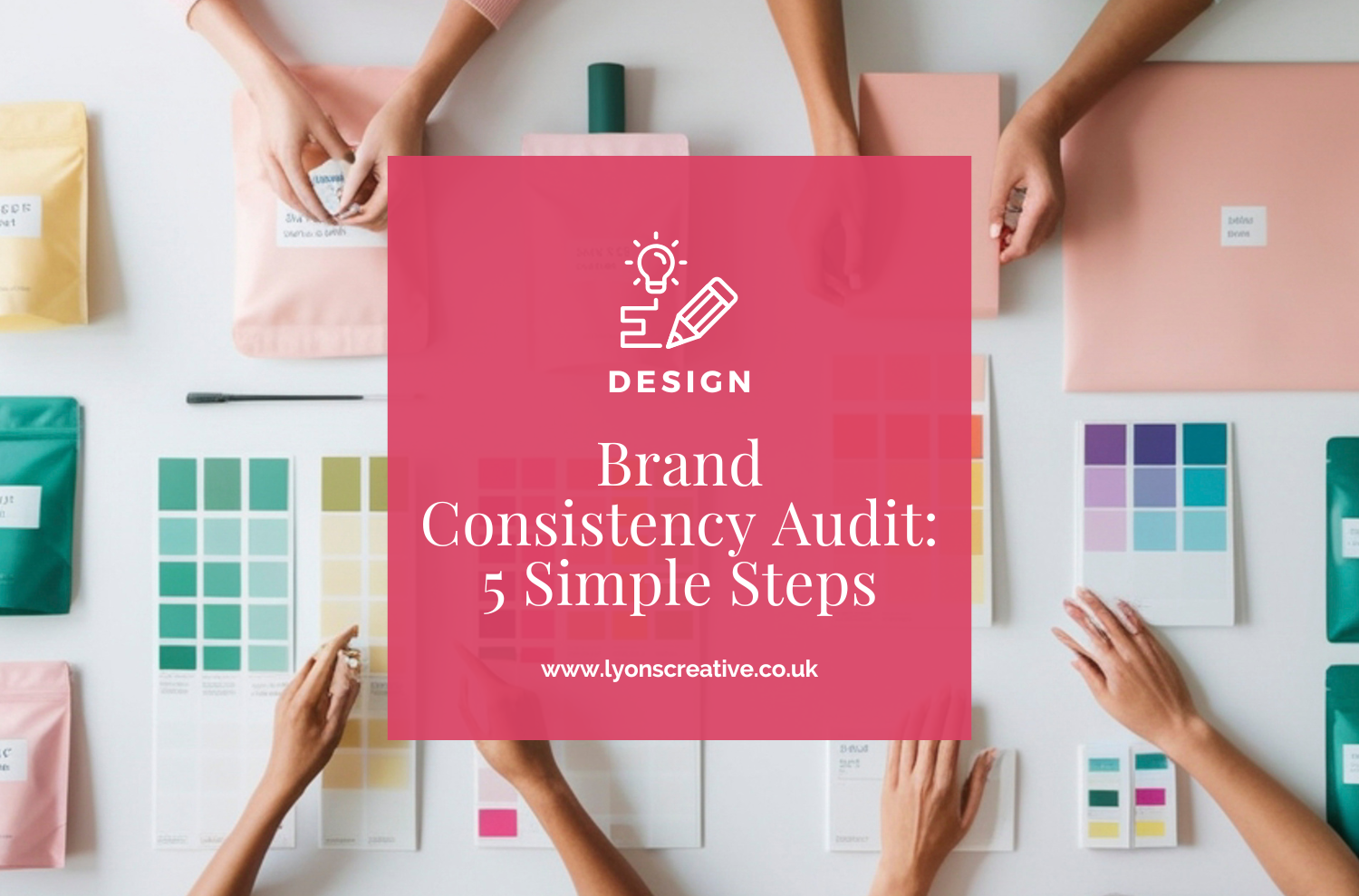 View from above looking down at a table. Hands around a table holding colour swatches