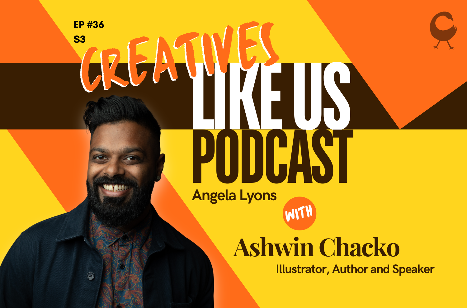 text reads Creatives Like Us Podcast Ashwin Chacko picture of a man smiling