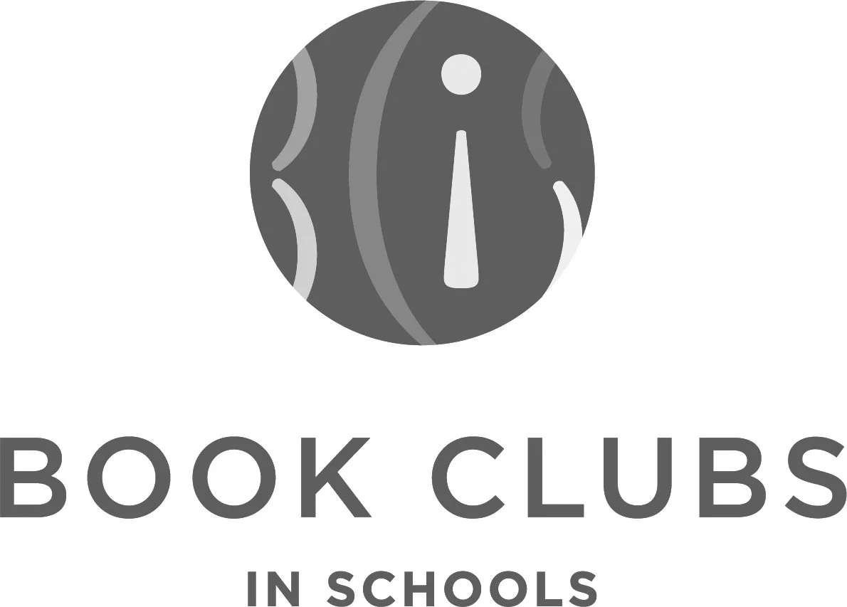 Logo for Book Clubs in Schools featuring a circular icon with a stylized book and a person reading.