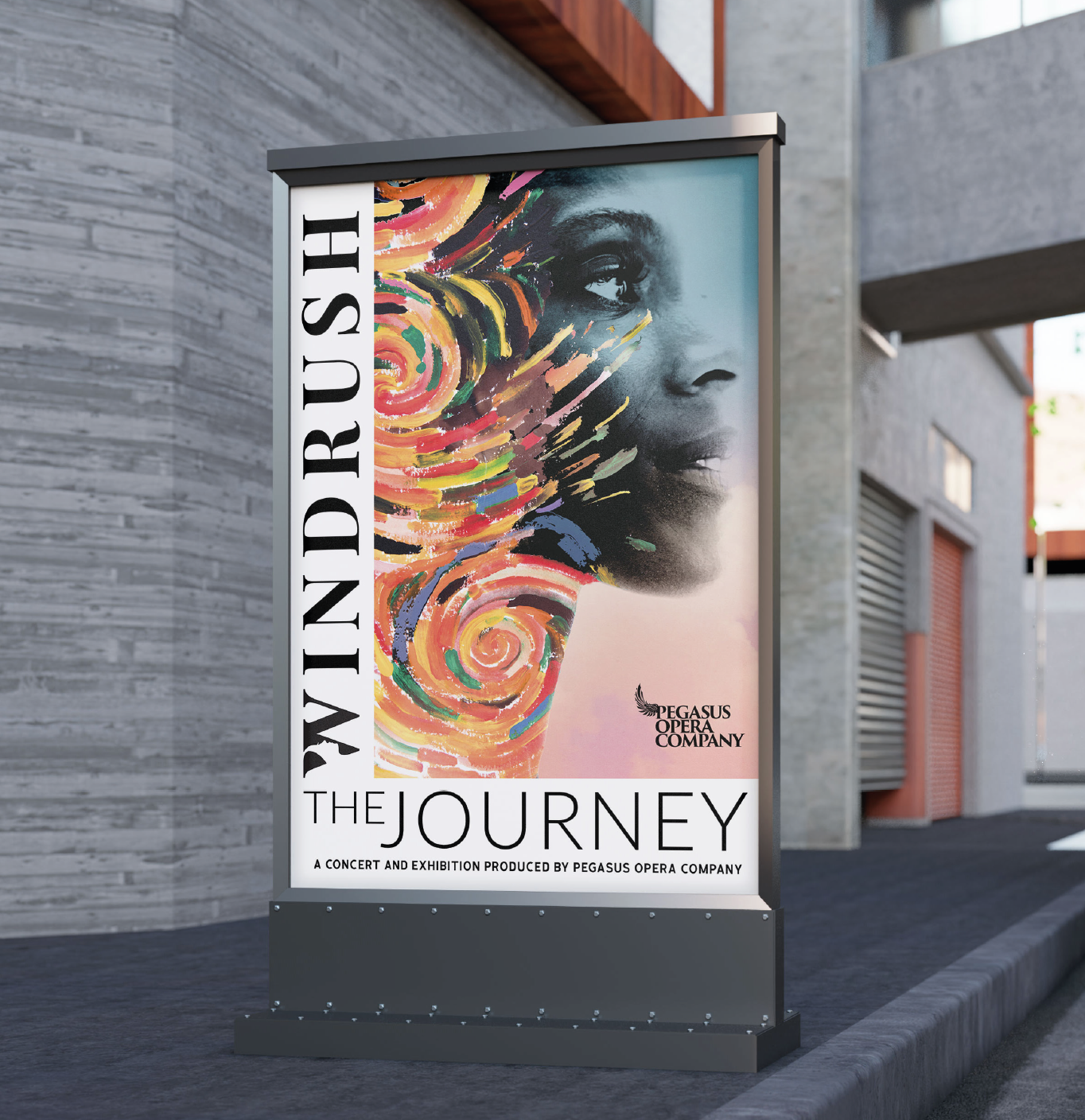 Poster for 'WINDRUSH: THE JOURNEY' by Pegasus Opera Company featuring a woman's face with colorful swirls around her head.