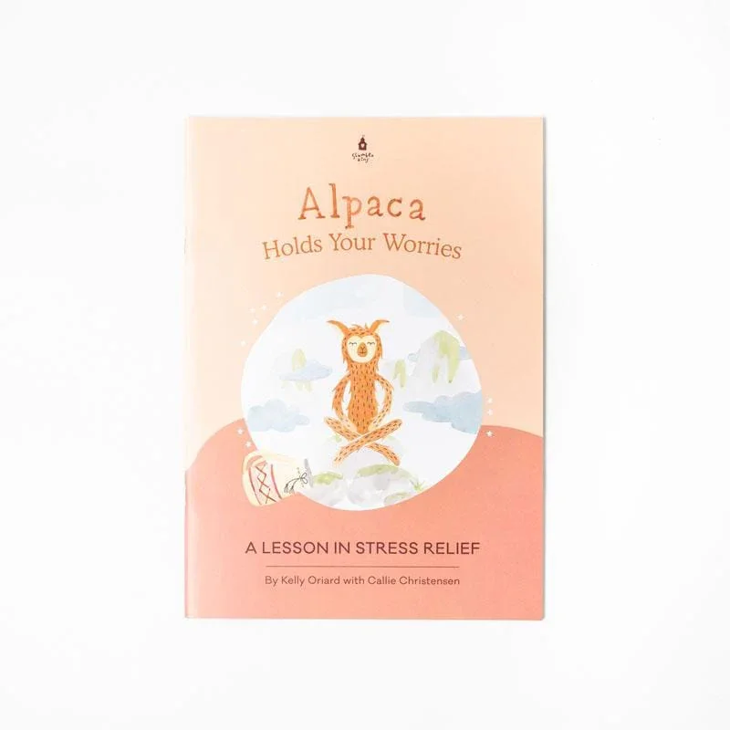A book cover is depicted, with an orange alpaca meditating. Children can learn coregulation for anxiety through books and play therapy in St. Louis.
