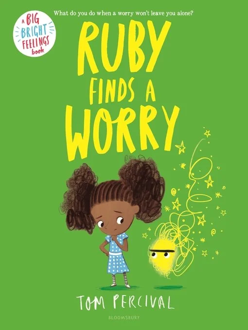 An illustration of a Black girl with two puffs wears a blue dress on a green book cover. Children can learn new ways of responding to anxiety through books and play therapy in St. Louis, Missouri.