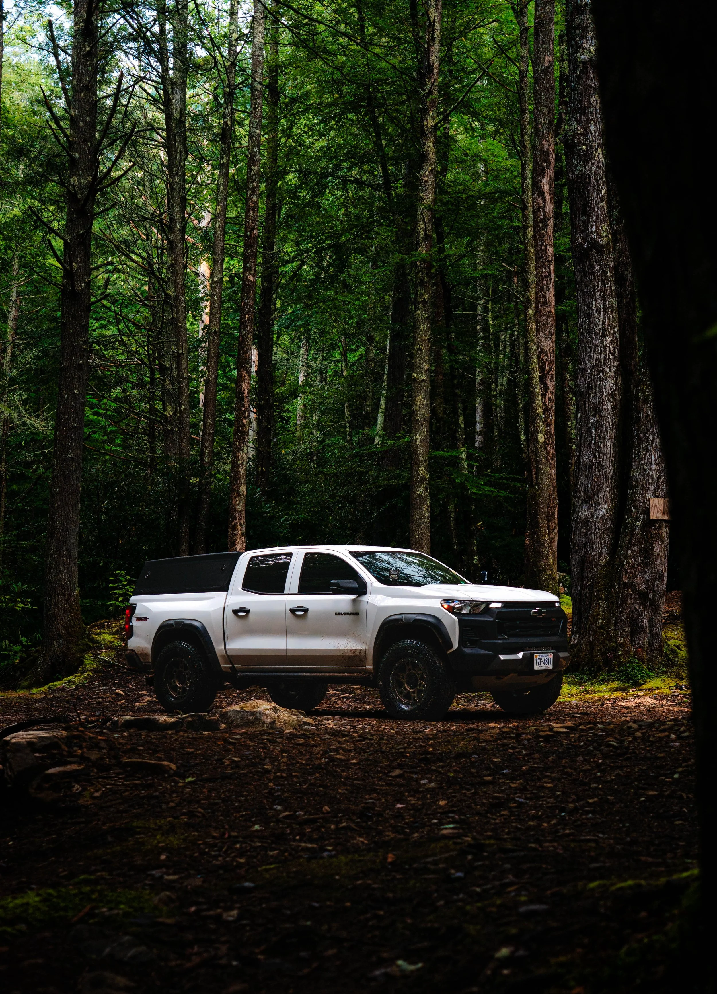 A white Chevrolet Colorado pickup truck parked in a forest with tall trees and dense green foliage in the background.