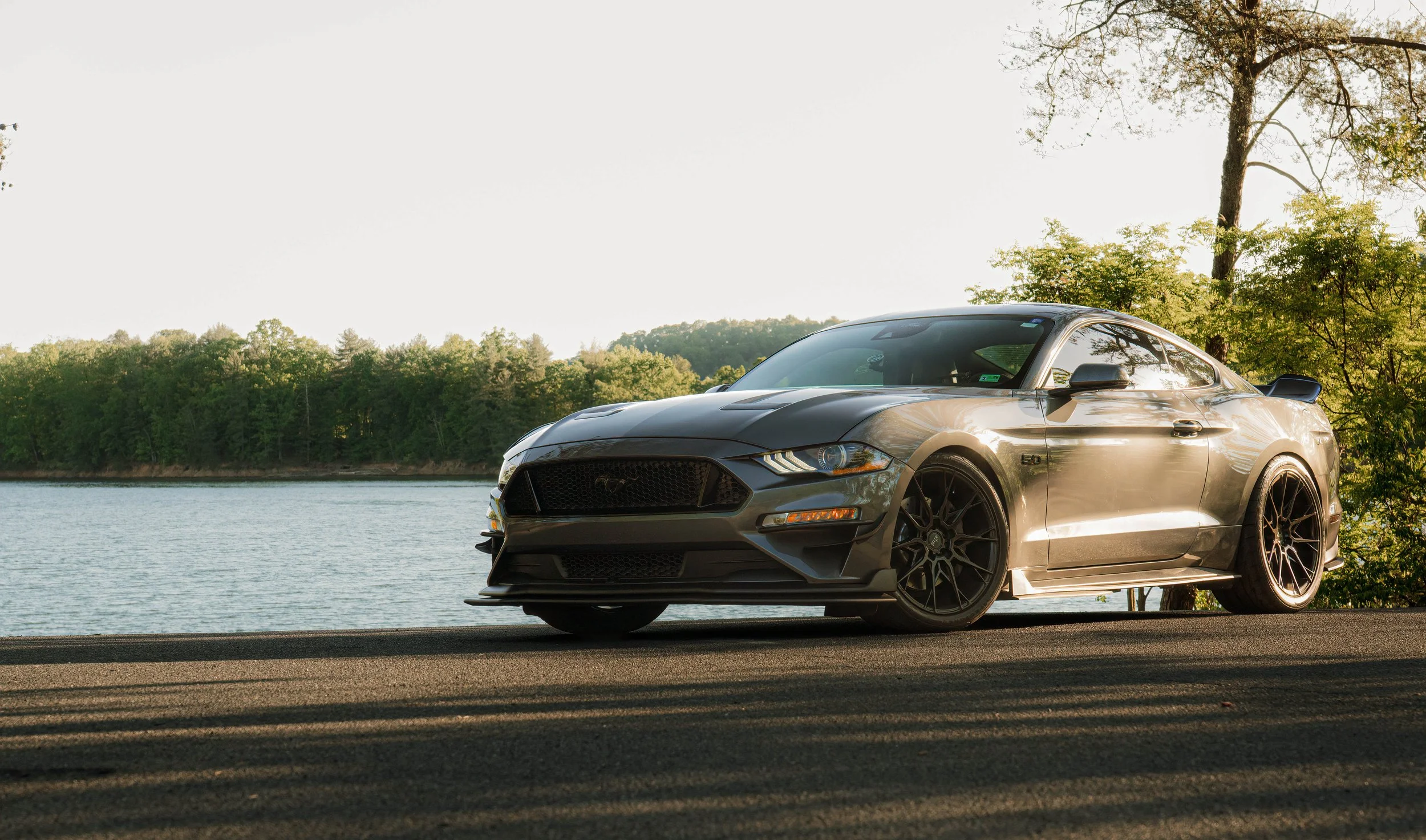 A gray Ford Mustang sports car parked by a lake with trees and a hillside in the background, during the daytime.
