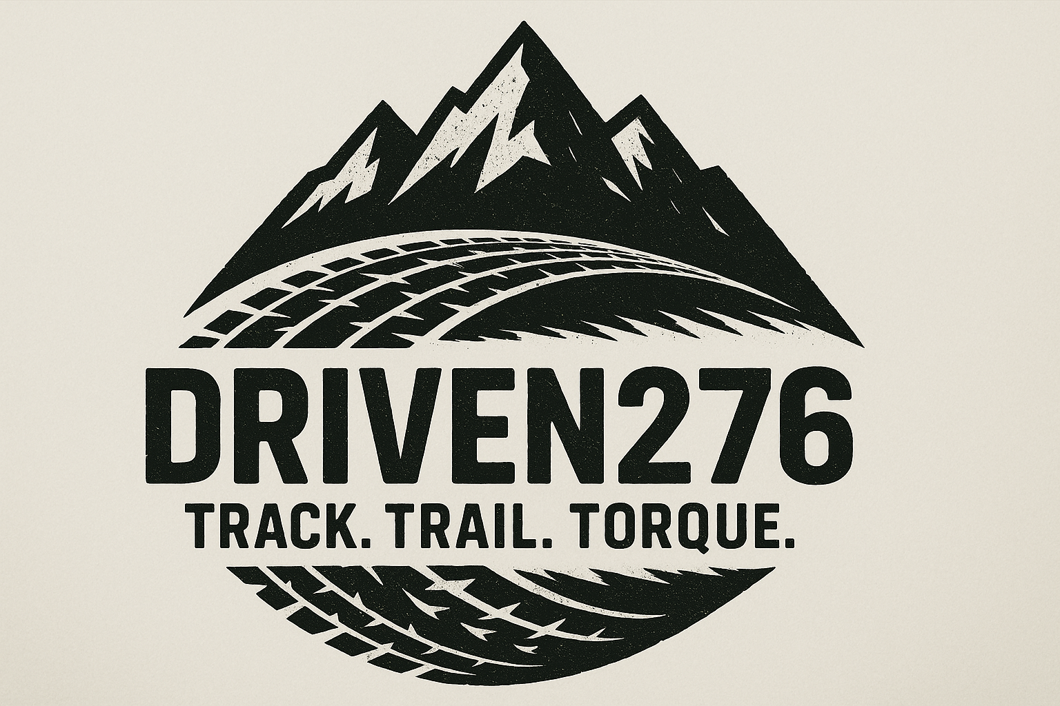 A graphic logo with a mountain and trail imagery and the text 'DRIVEN276, Track. Trail. Torque.' in black on a beige background.