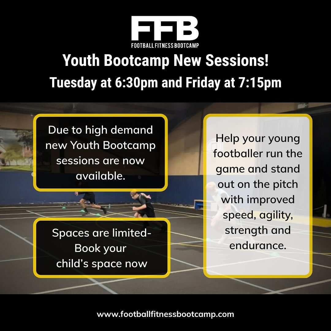 ⚽ Parents of Harlow!

Due to high demand, our Youth Football Fitness Bootcamp has launched new sessions to help more young players get faster, stronger, and fitter.

🗓 Tuesday 6:30pm &amp; Friday 7:15pm
📍 Harlow

Spaces are limited &mdash; book you
