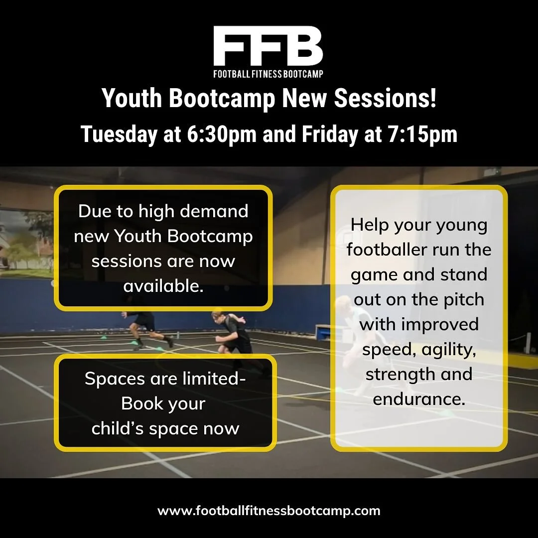 ⚽ Parents of Harlow!

Due to high demand, our Youth Football Fitness Bootcamp has launched new sessions to help more young players get faster, stronger, and fitter.

🗓 Tuesday 6:30pm &amp; Friday 7:15pm
📍 Harlow

Spaces are limited &mdash; book you