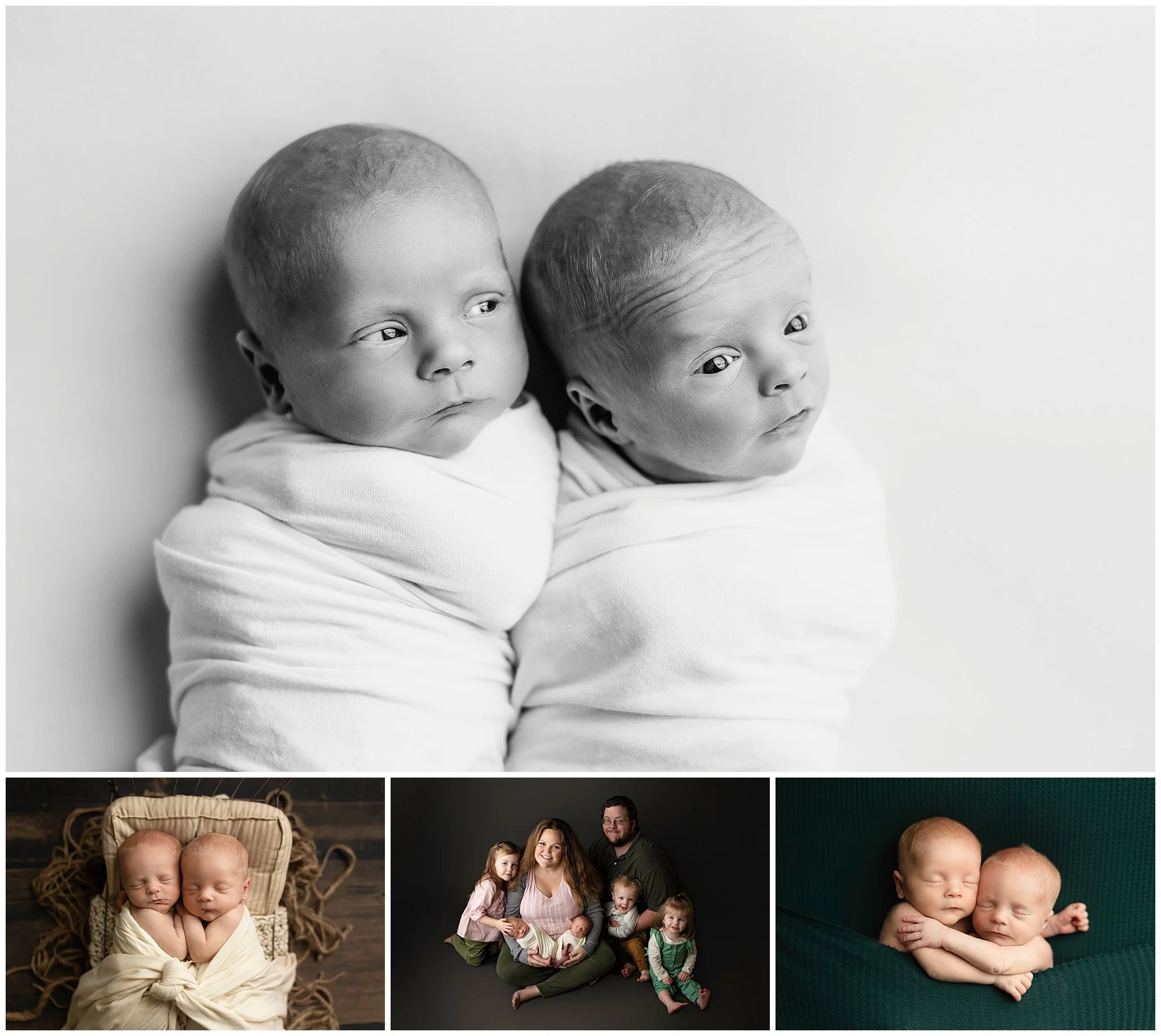 twin newborn photos, two sets of twins, newborn twins in a bed, newborn twins laying on a blanket, family photo with newborns and siblings, black and white photo Huffman, texas newborn photographer, Kingwood texas baby photographer, Humble texas baby