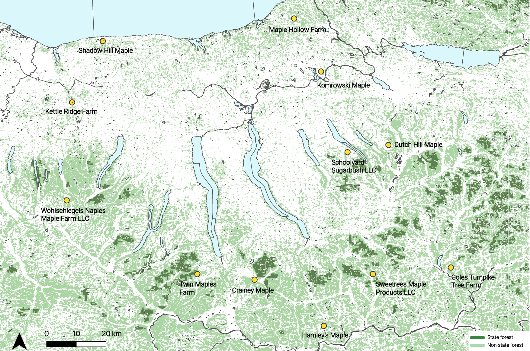 GIS Map of Maple Producers, Public & Private Forests in the Finger Lakes