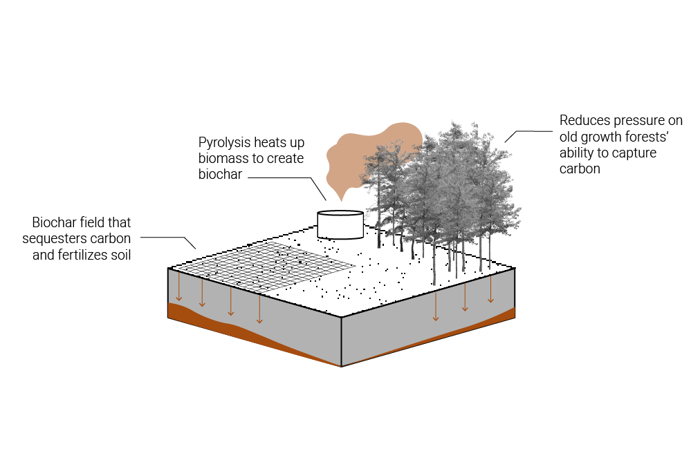 BIOCHAR APPLICATION. Biochar is a charcoal that stores nutrients and sequesters carbon. Organic matter from forestry waste is pyrolyzed with little oxygen, which emits heat that can be used for clean energy. Biochar can sequester carbon stably for u