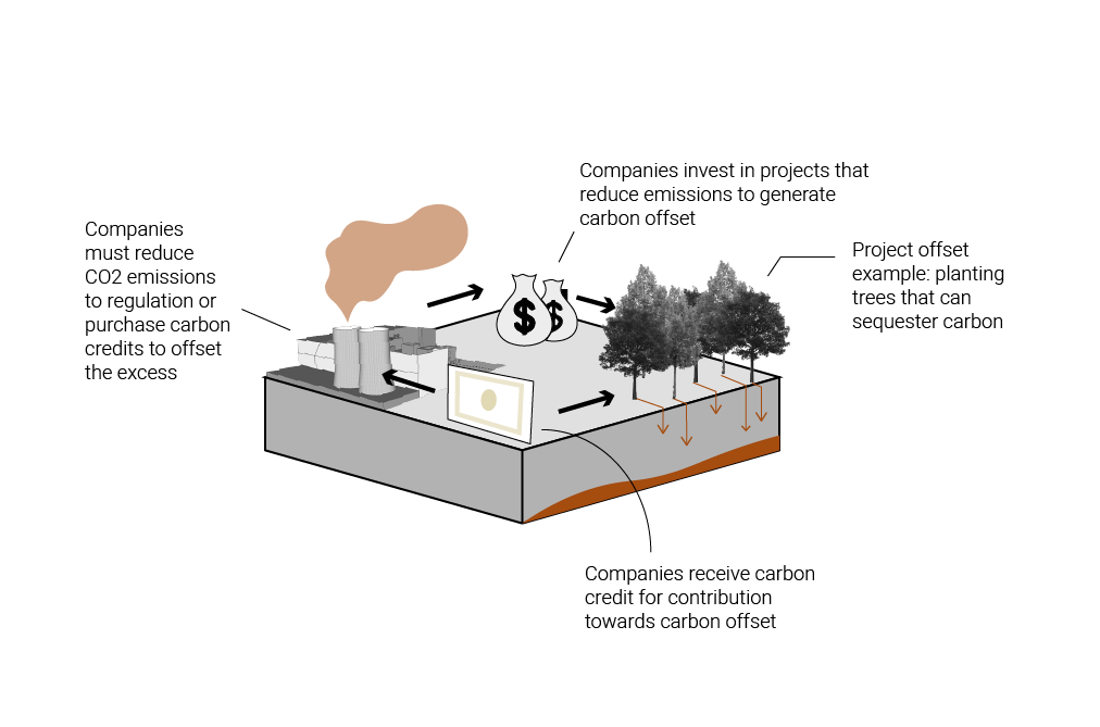 CARBON CREDITS. Carbon offset credits can help hold corporations accountable with respect to emissions. Under a credit system, emissions become an internal cost of doing business. Companies invest in carbon sequestration projects, which then allows t