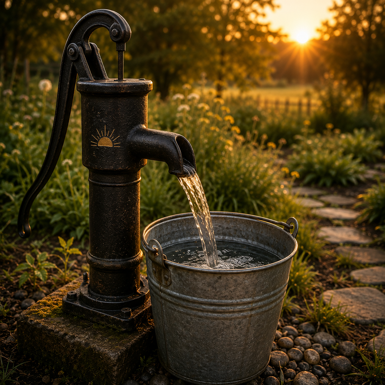 Traditional hand water pump filling a galvanized bucket, introducing the Water section of Today's Homesteading, featuring water collection, conservation, wells, irrigation, and practical water management.