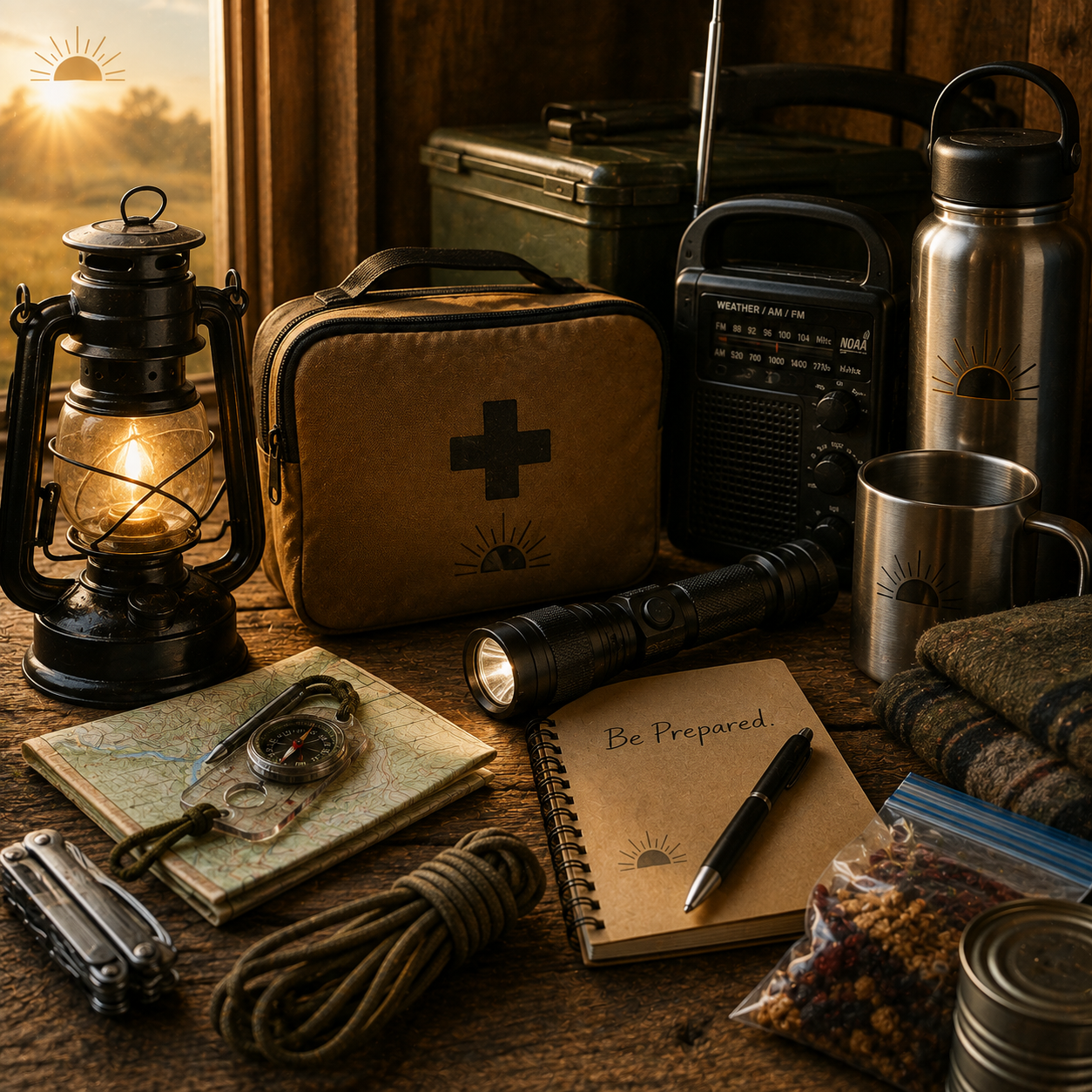 Everyday emergency supplies organized for the Preparedness section of Today's Homesteading, featuring home emergency planning, power outages, first aid, weather readiness, food storage, water, and practical resilience.