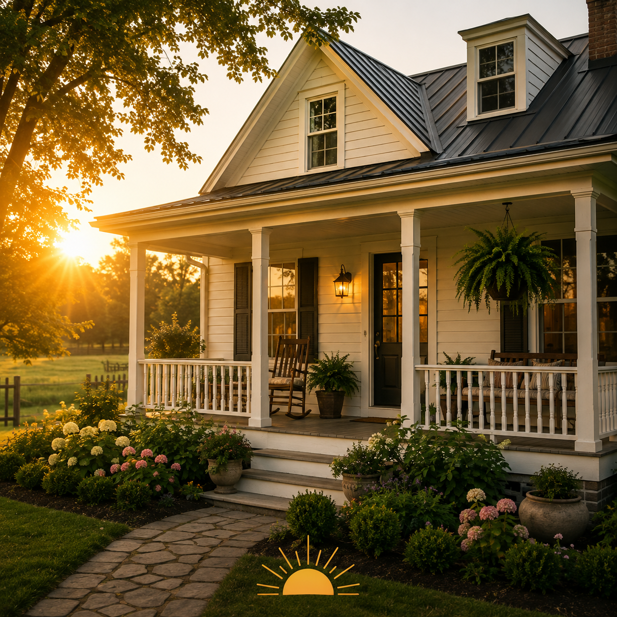 Welcoming home with a covered front porch and landscaped gardens representing the Home section of Today's Homesteading, featuring home maintenance, improvement, organization, and everyday living skills.