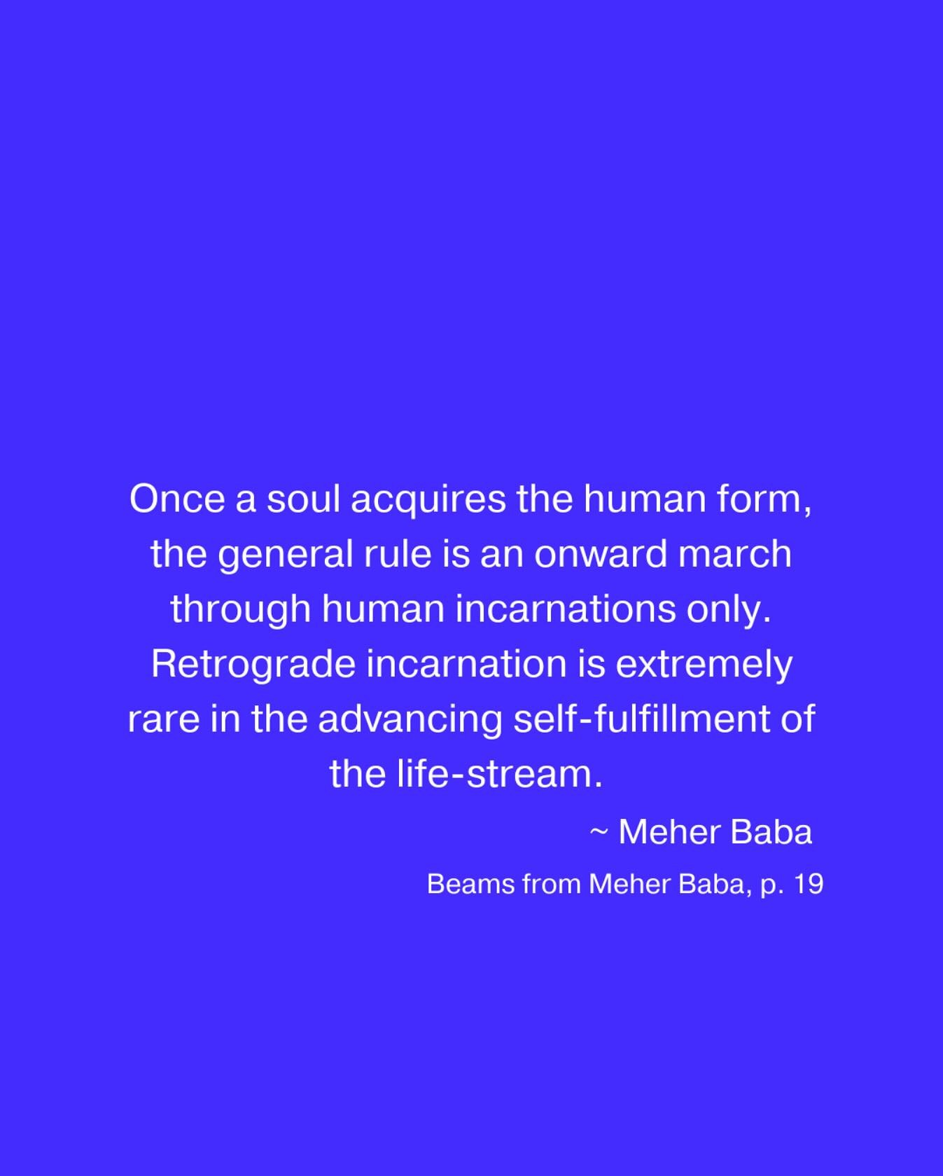 Once a soul acquires the human form, the general rule is an onward march through human incarnations only. Retrograde incarnation is extremely rare in the advancing self-fulfillment of the life-stream. ~ Meher Baba ❤️🙏🏼
Beams from Meher Baba, p. 19