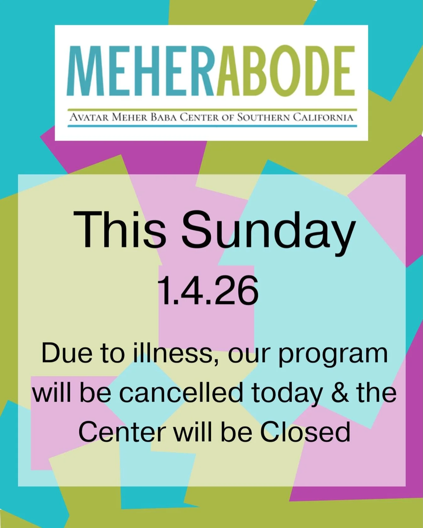 Change of plans. Unfortunately we&rsquo;re needing to cancel tomorrow&rsquo;s program. See you next week! Jai Baba