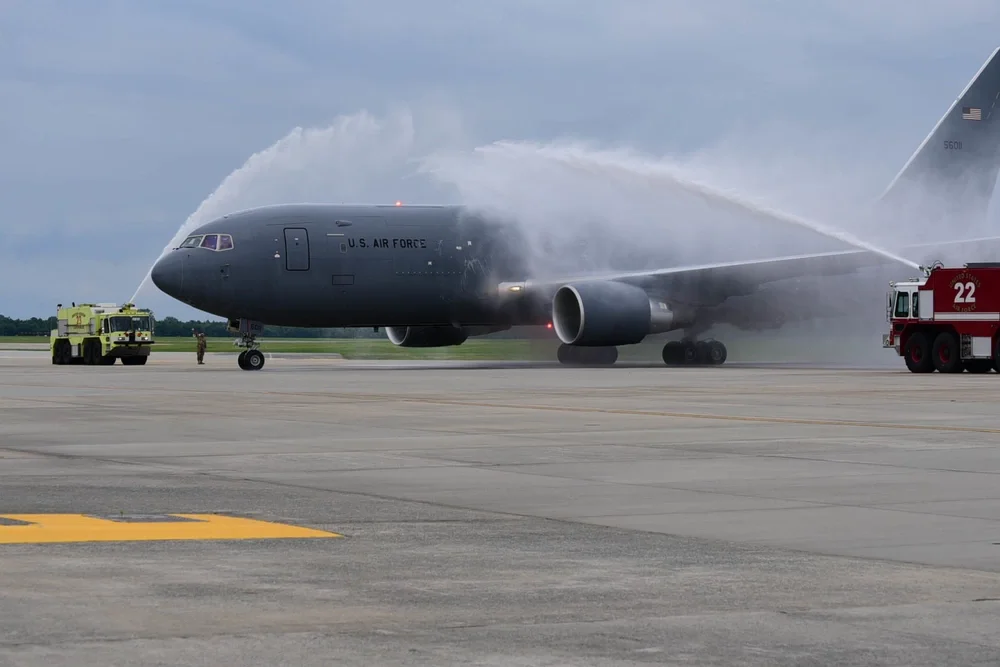 The first KC-46 Pegasus lands at Seymour Johnson Air Force Base, North Carolina, June 12, 2020. The KC-46 will fall under the 916th Air Refueling Wing, replacing the KC-135 Stratotanker. (U.S. Air Force photo by Maj. Abby Dolak)