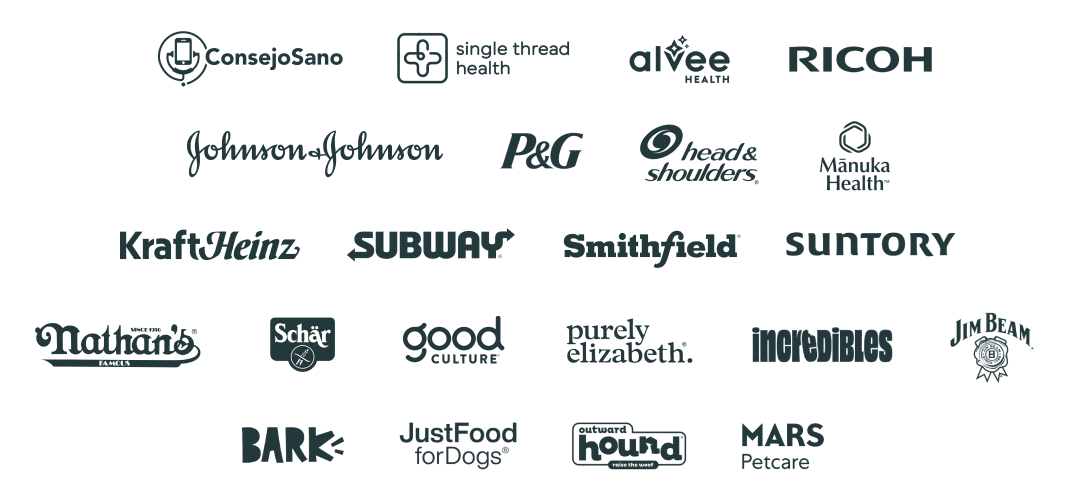 A collection of various company logos on a light background, including ConsejoSano, Alvee Health, Ricoh, Johnson & Johnson, P&G, Head & Shoulders, Manuka Health, Kraft Heinz, Subway, Smithfield, Suntory, Nathan's, Schär, Good Culture, Purely Elizabeth, Incredibles, Jim Beam, Bark, JustFoodForDogs, Outward Hound, Mars Petcare.