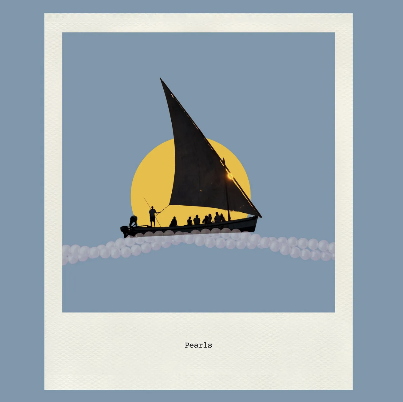 Pearls and an image of a ship with nine passengers with a yellow sunset and blue background