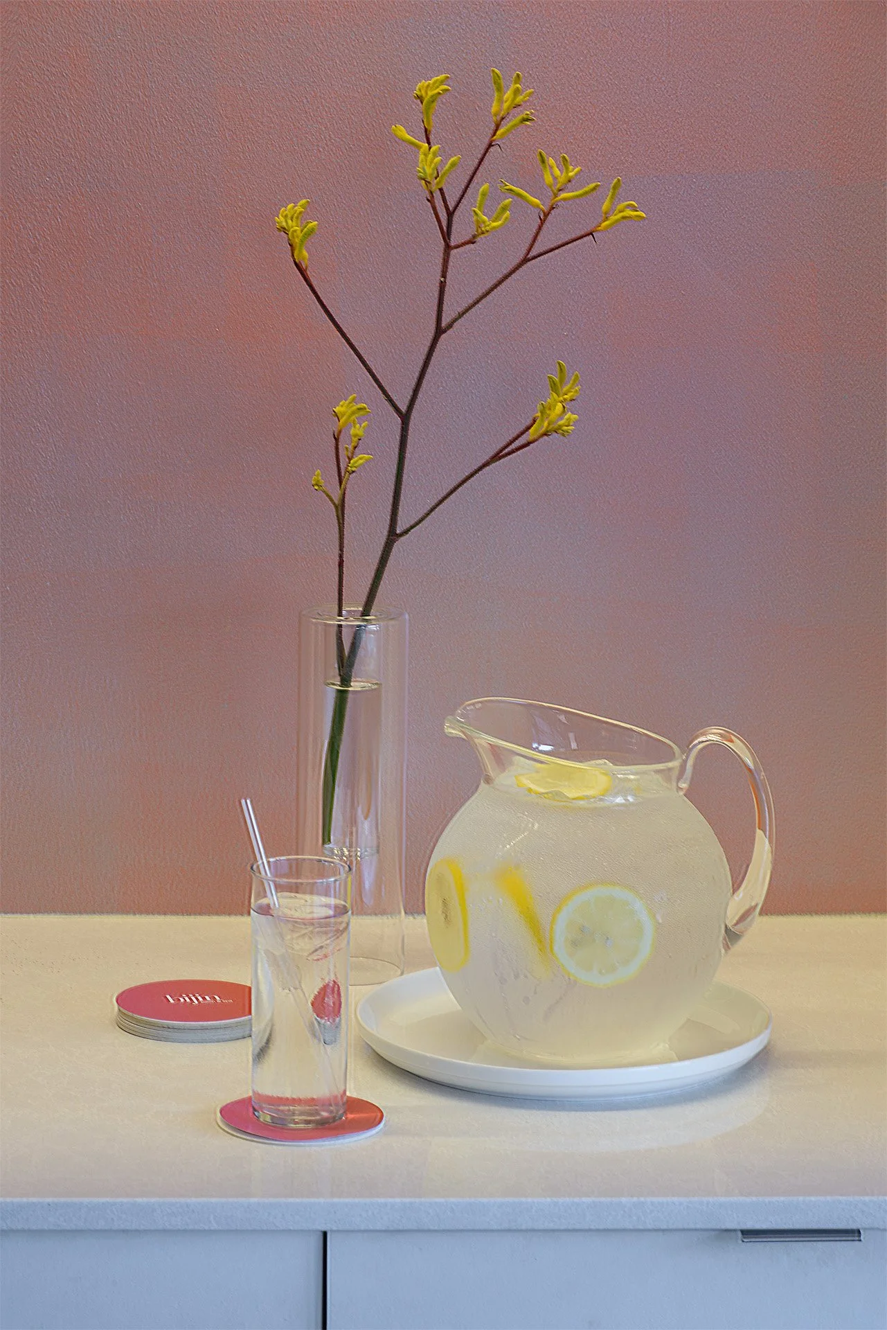 Lemon and cucumber infused water along with tea or coffee are always served complimentary at bijin salon & spa in Prairie Village.