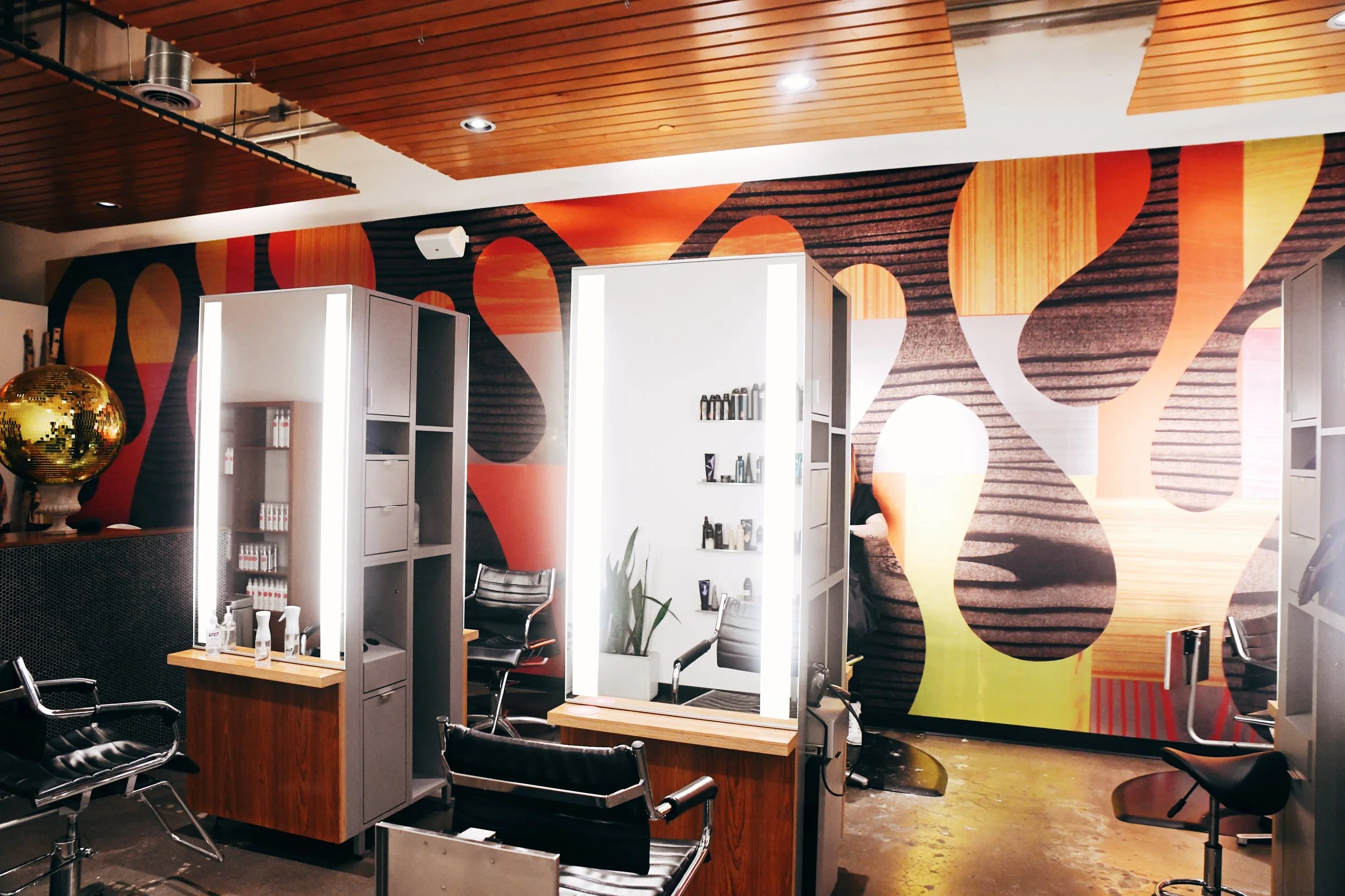 Hair styling stations in the dynamic, artistic north salon of bijin salon & spa in Kansas City metro.