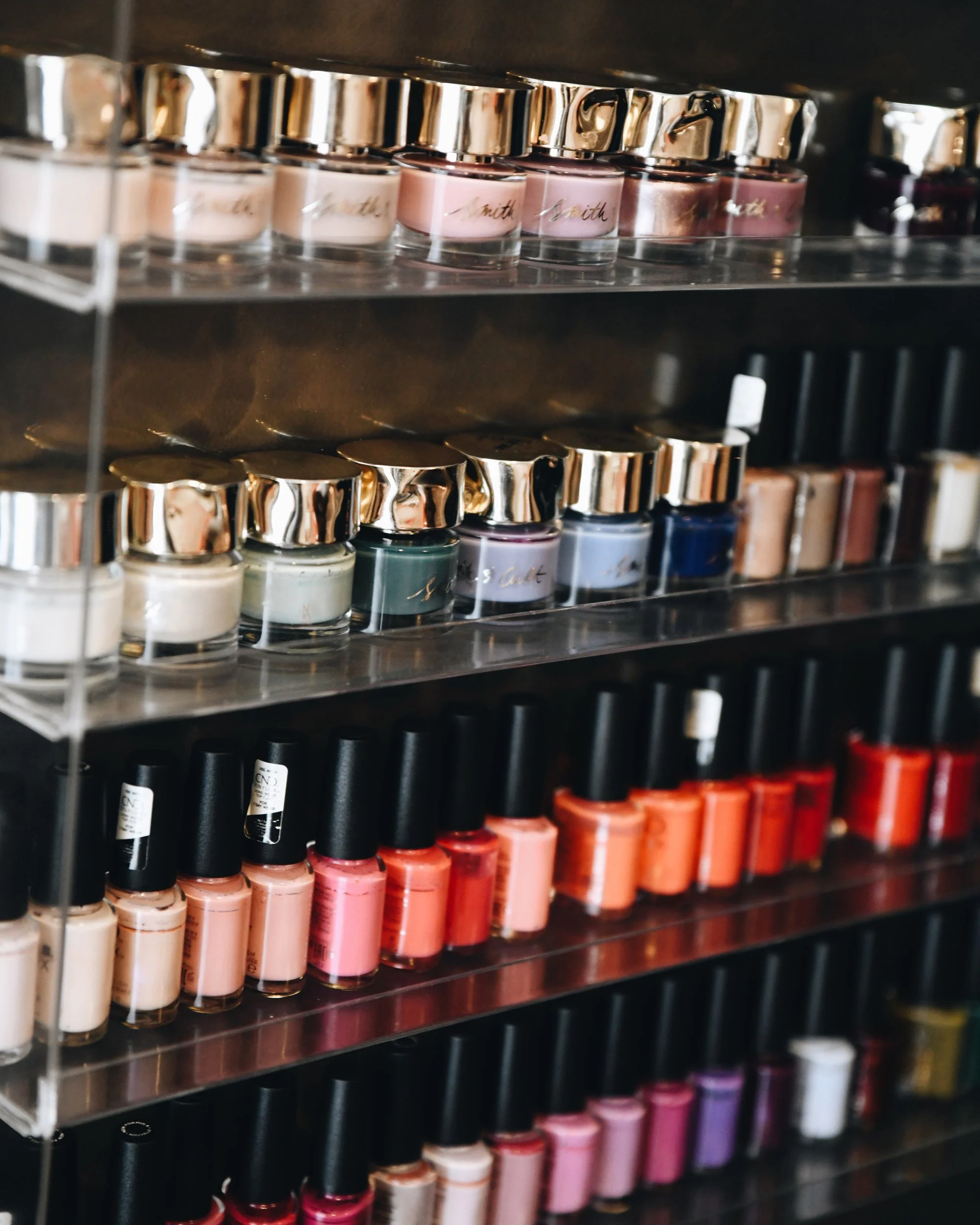Our luxury professional nail polishes are '3-free' and '5-free' of toxic ingredients, displayed here at the nail salon in bijin salon & spa in KC.