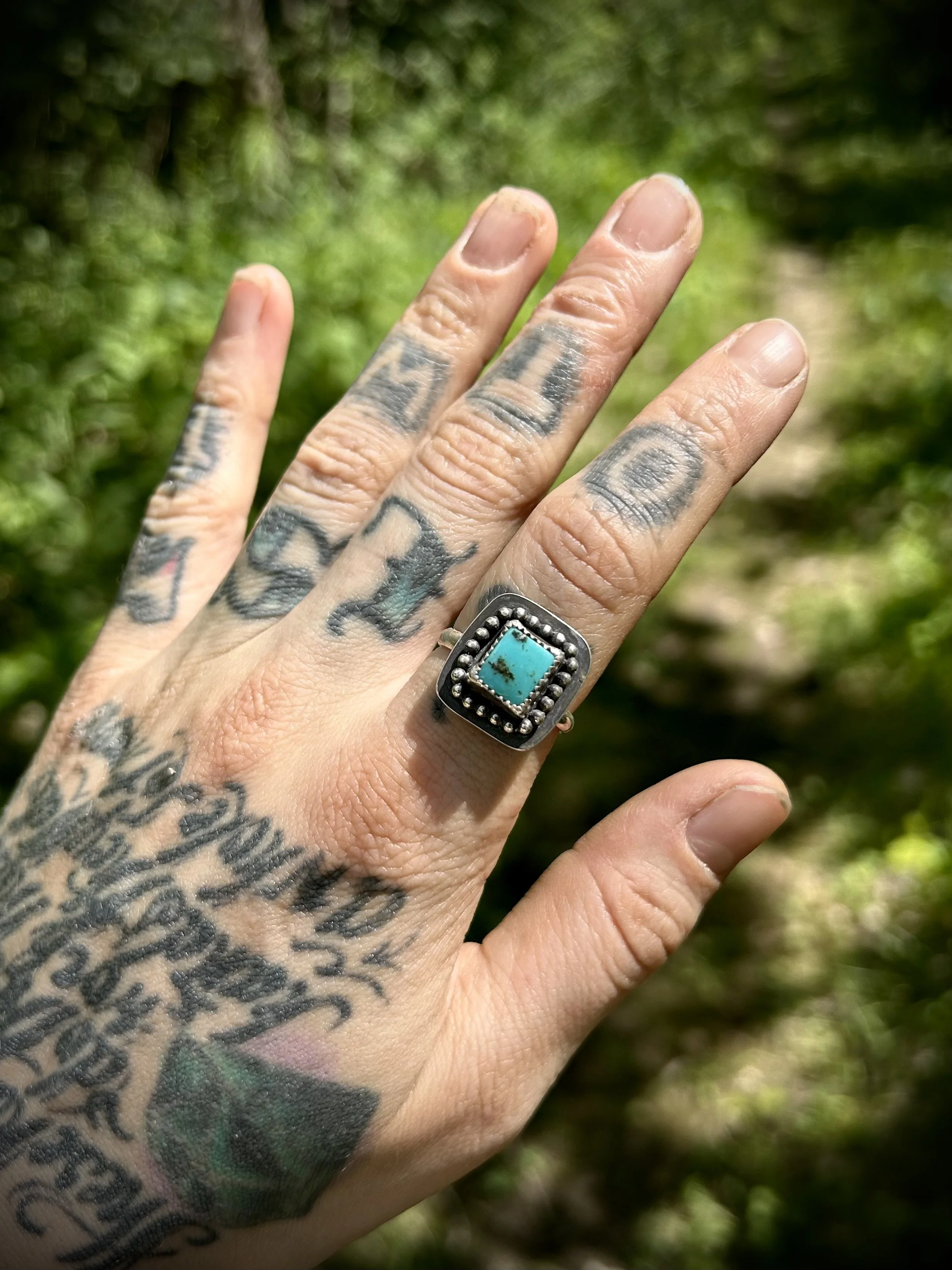 Beaded Square Kingman Turquoise Sterling Silver Ring