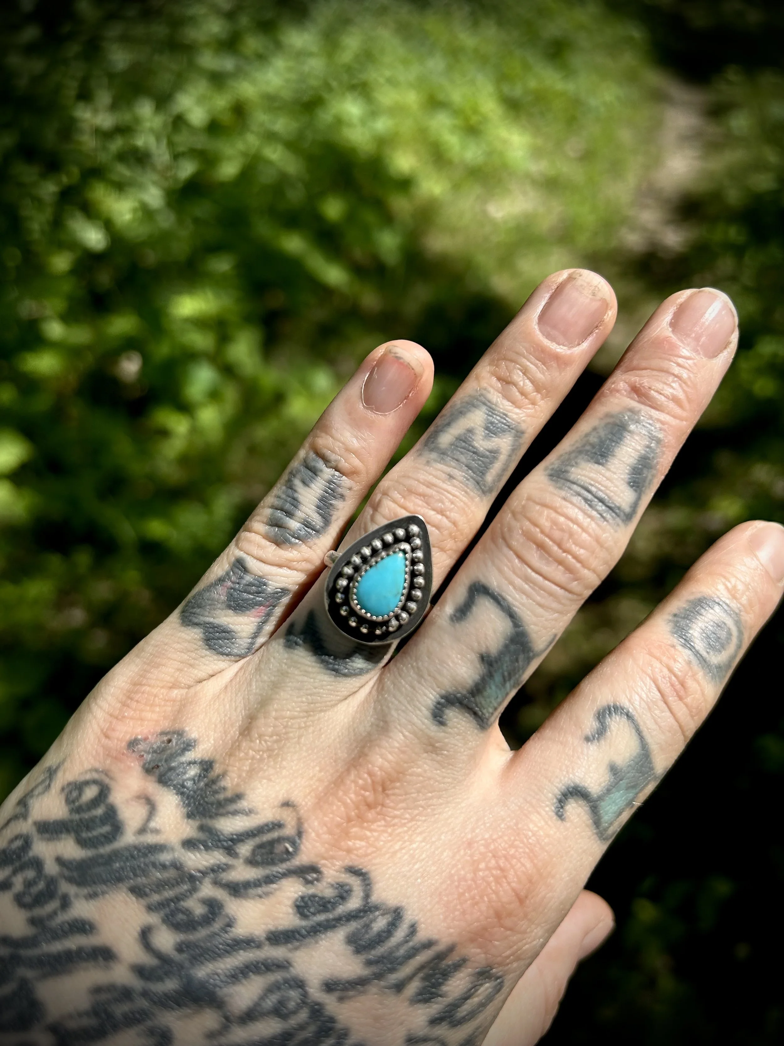 Beaded Teardrop Kingman Turquoise Sterling Silver Ring