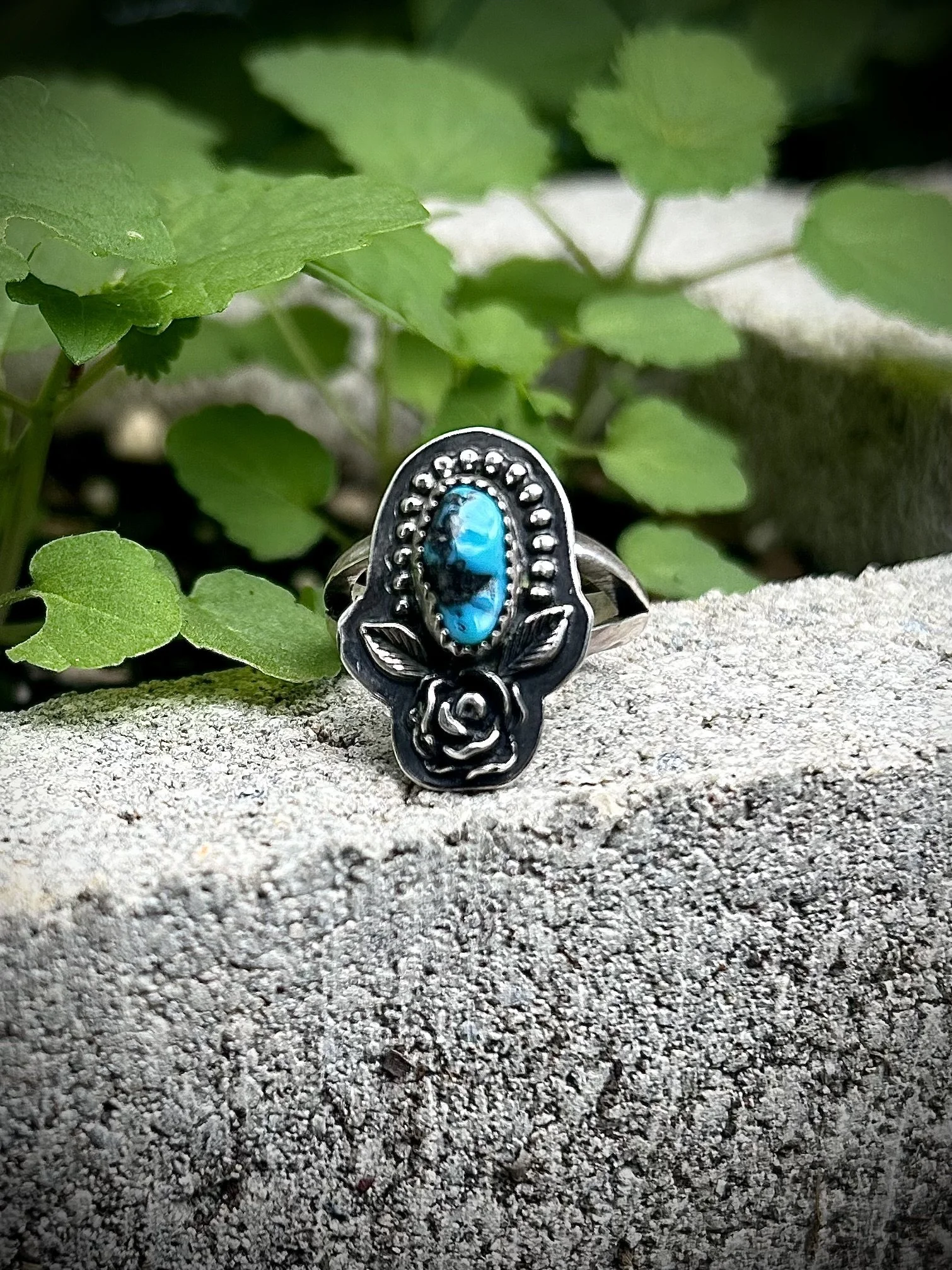 Kingman Nugget Turquoise Sterling Silver Rose Ring