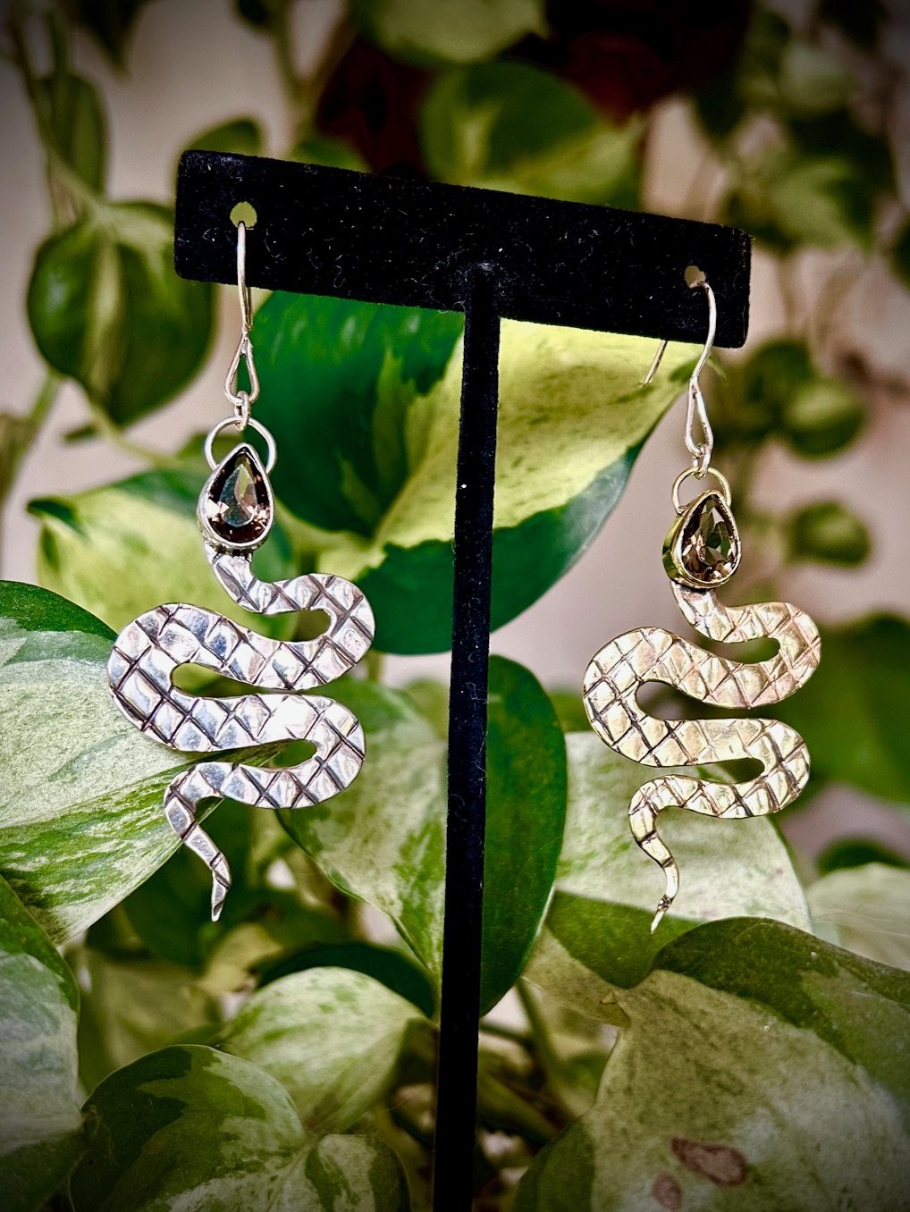 Silver + Brass Smokey Quartz Snake Earrings