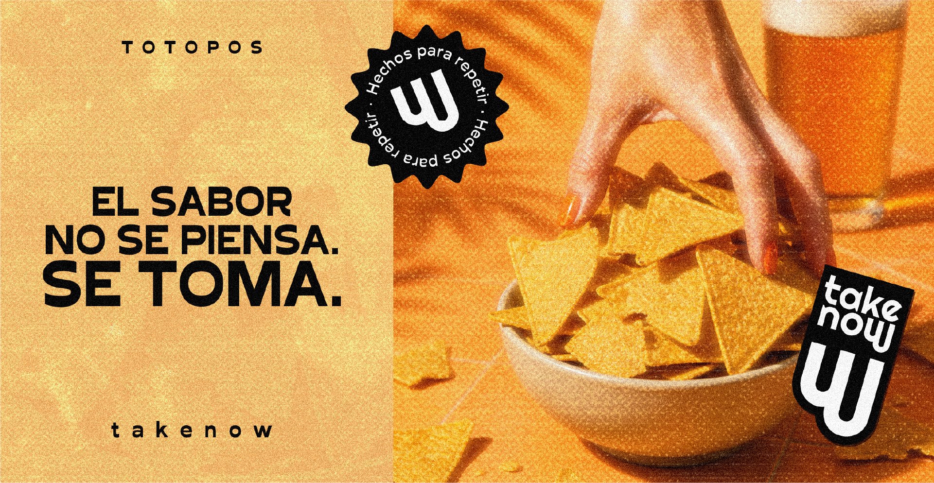 Diseñamos el naming e identidad visual de TAKE NOW, una marca de totopos urbana, fresca y contemporánea. Un sistema de marca construido desde la inmediatez, el sabor y el consumo espontáneo, creado para destacar en la categoría y conectar con nuevas 