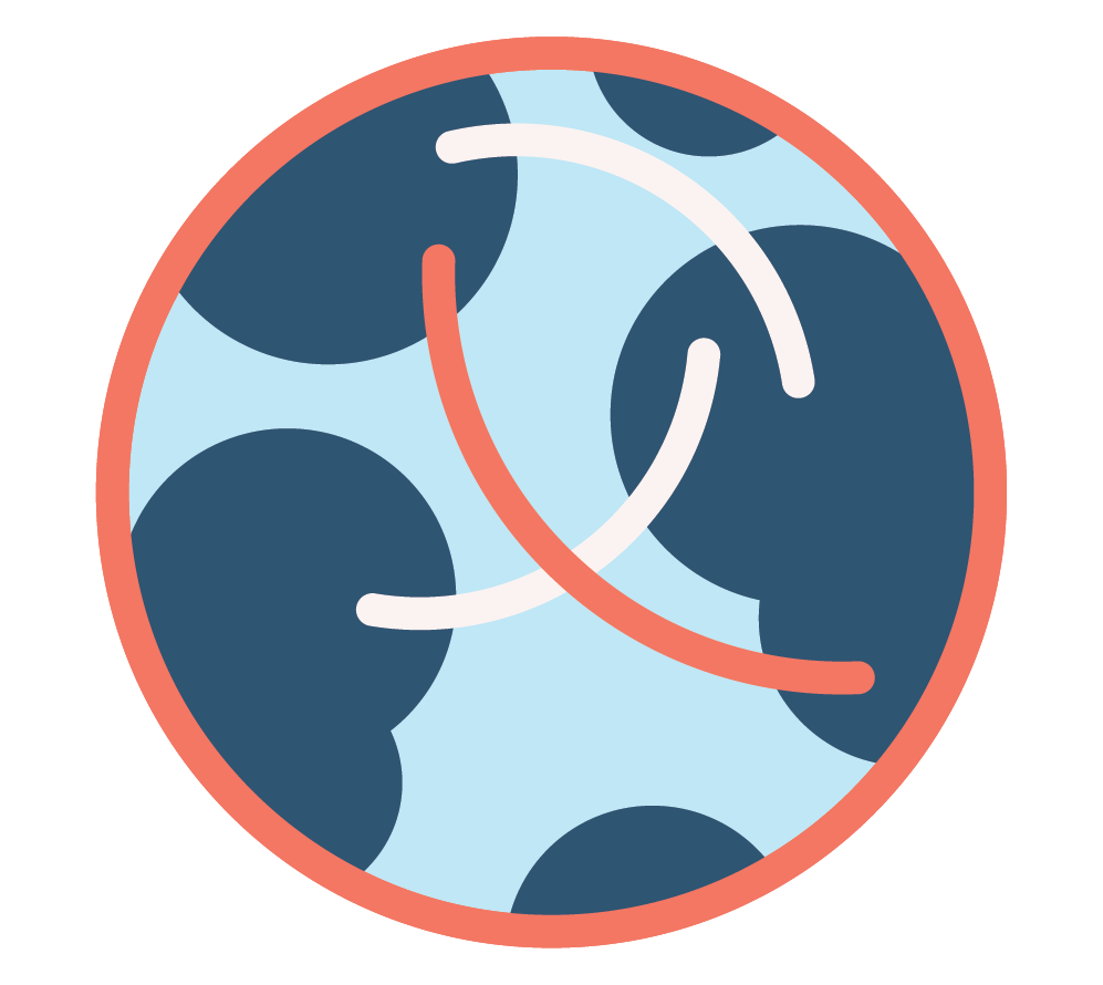 Abstract illustration of a globe structure with dark blue and light blue circular shapes and curved lines inside a red-bordered circle.