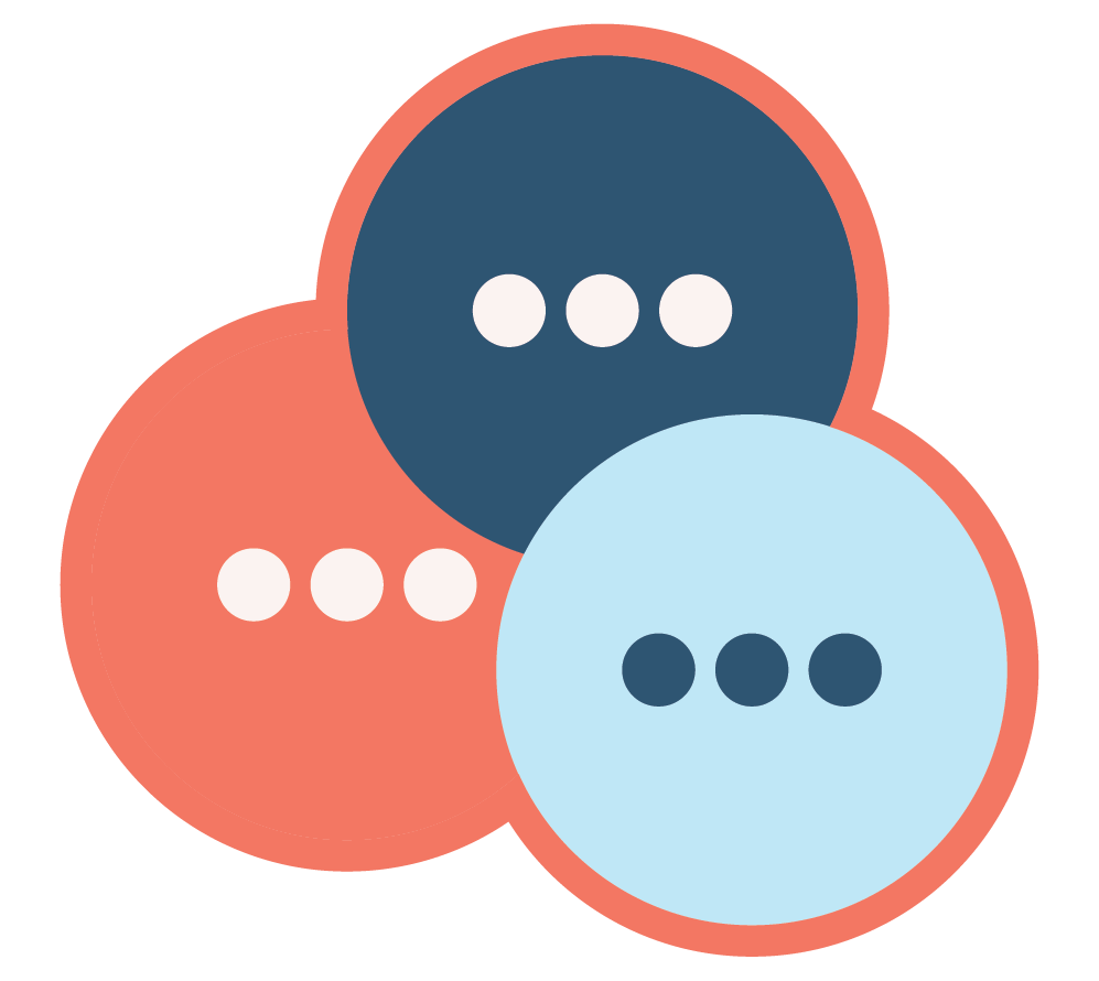 Three overlapping speech bubbles in coral, navy, and light blue with three dots inside each, symbolizing conversation.