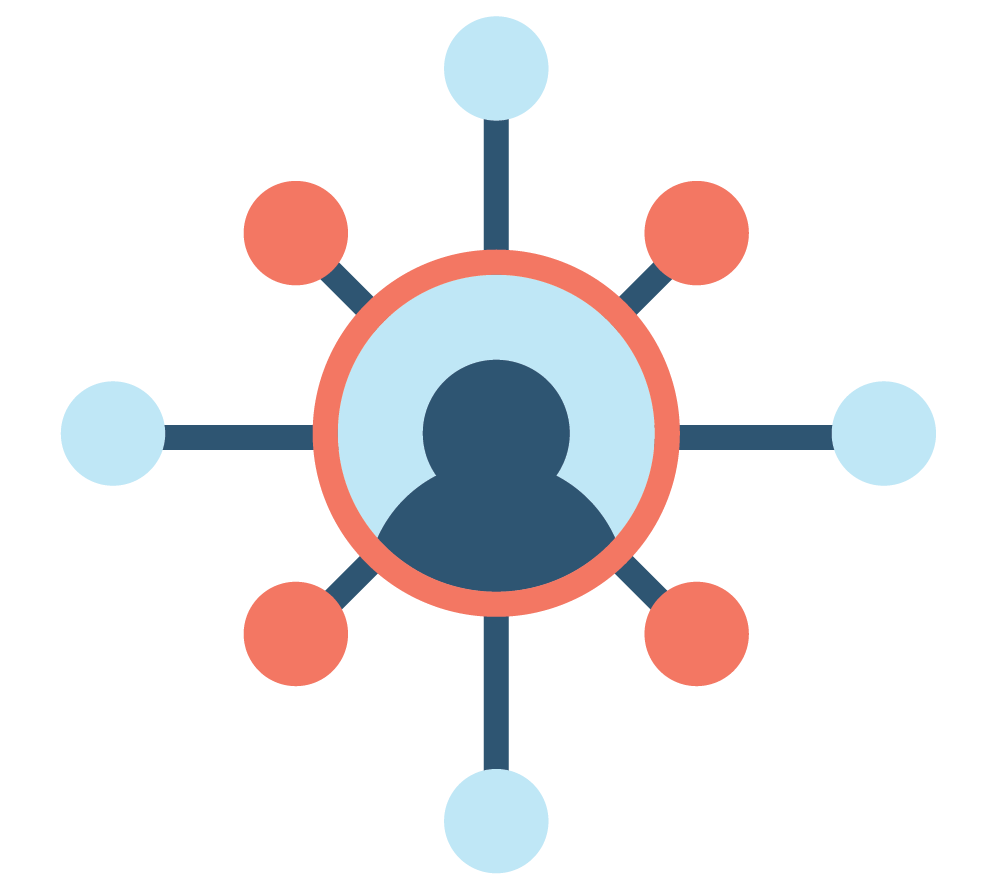 Graphic illustration of a person’s profile surrounded by connecting nodes, representing network or social connections.