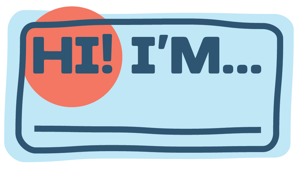 A speech bubble with text that reads 'Hi! I'm...' in a comic-style font, with a rounded rectangle background and a large red circle behind the word 'Hi!'