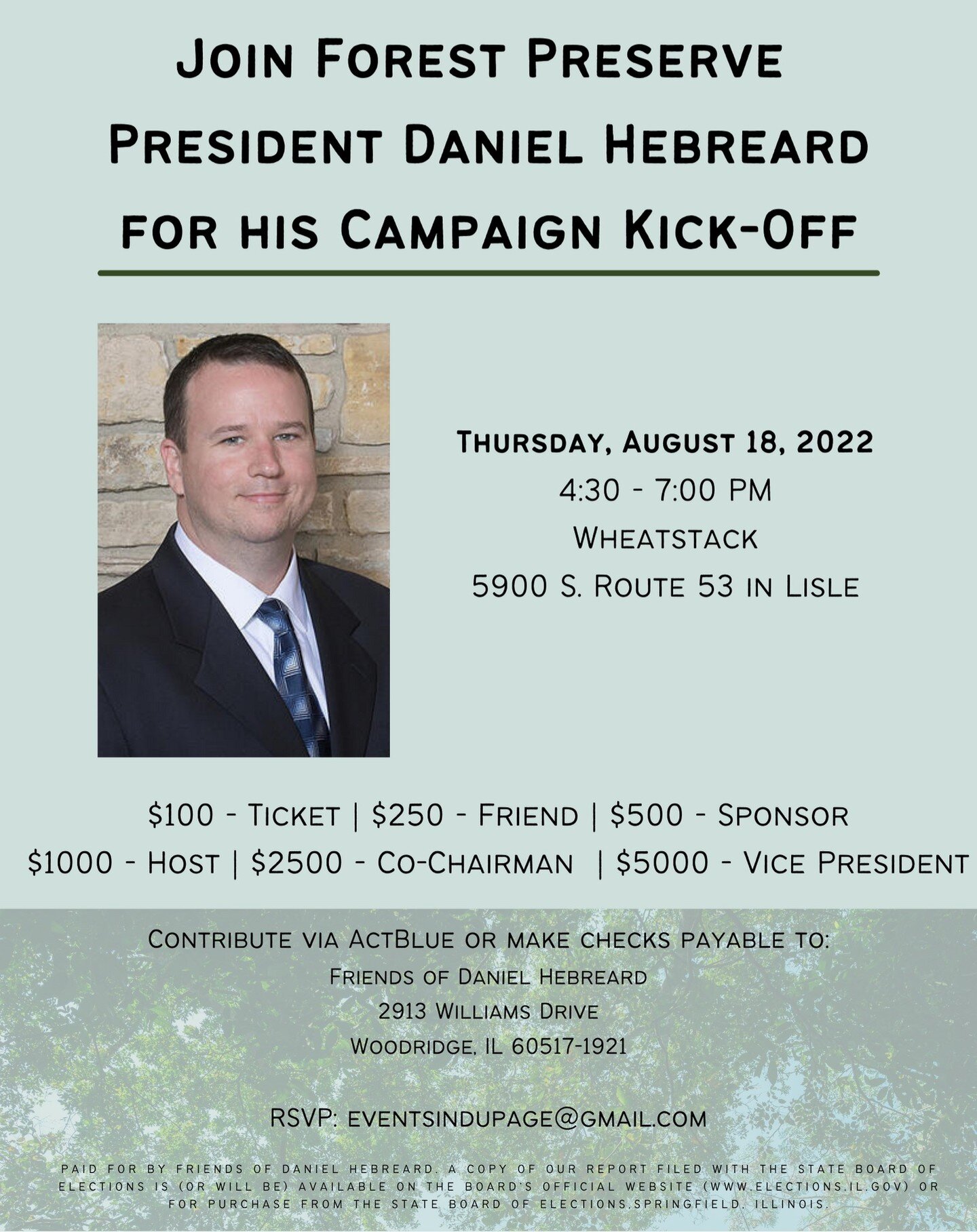 Please join Daniel Hebreard for his campaign kick-off for his Re-Election as President of the Forest Preserve District of DuPage County.

To Purchase tickets, click here: https://secure.actblue.com/donate/fodanh