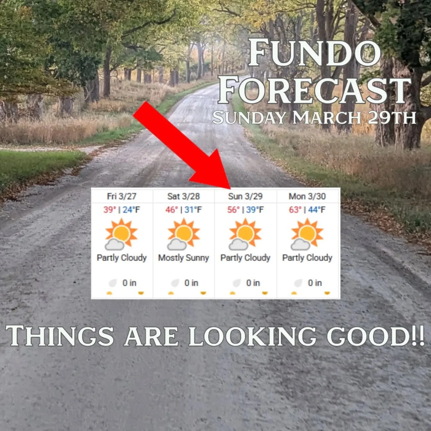 We are very excited over here for the weather forecast for this coming Sunday for our Spring Fundo!
Clear your schedule and get ready to ride!
See you then!