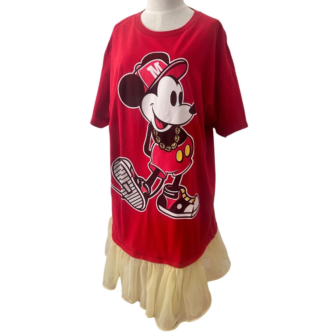 Reimagined 90s Mickey Mouse XL red t-shirt turned into a dress with yellow tulle hem