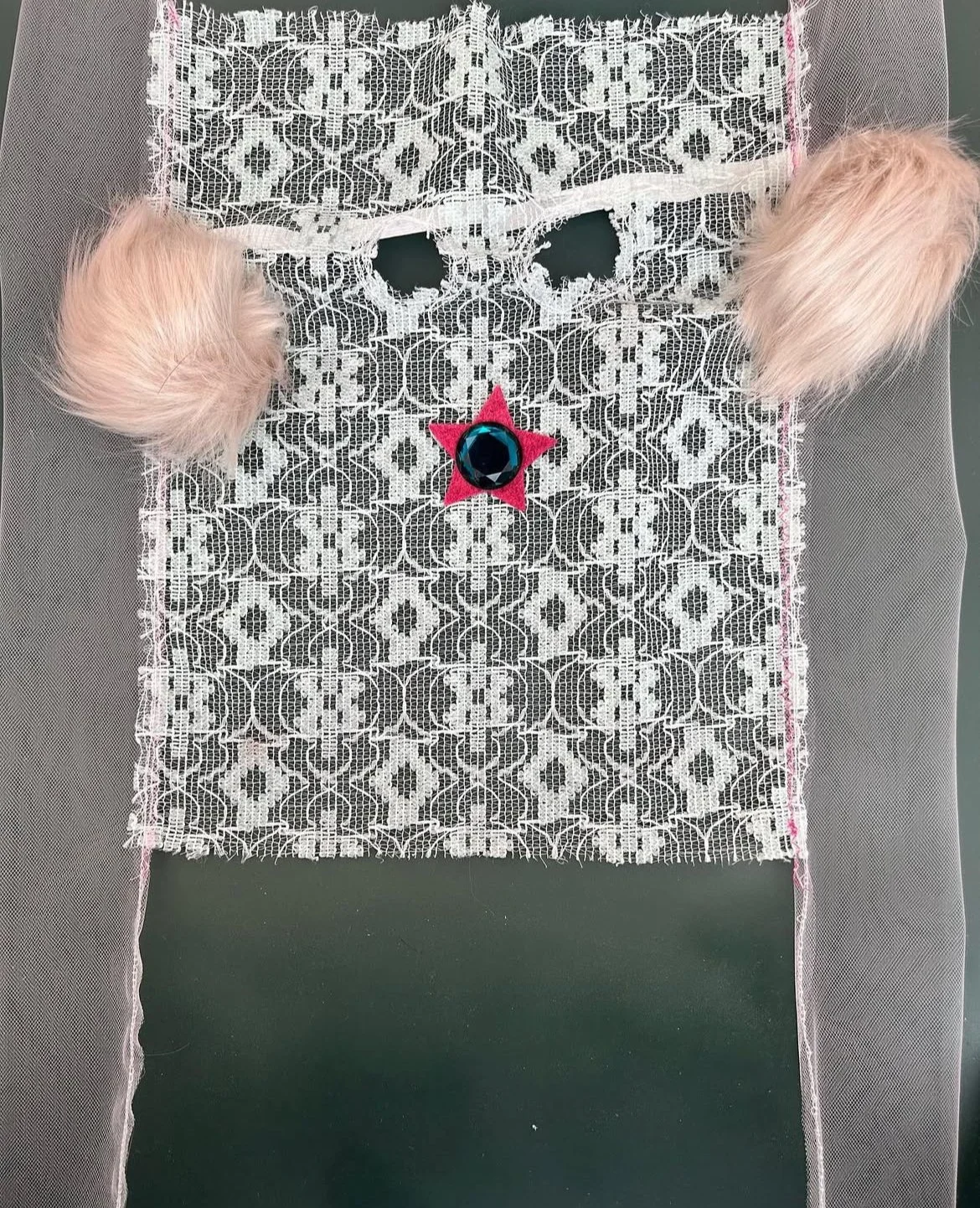 Title: stella-blue-lace-star-fur-puff-mask | Description: Baby blue lace mask with magenta star, blue jewel, fur puffs, and pink tulle.