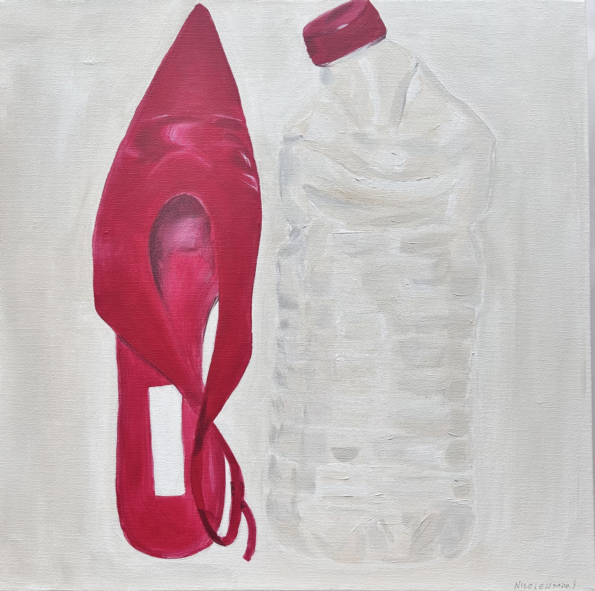 Original painting, red designer slingback flat, crumpled plastic bottle, contemporary fashion artwork, playful luxury, 20x20 canvas.