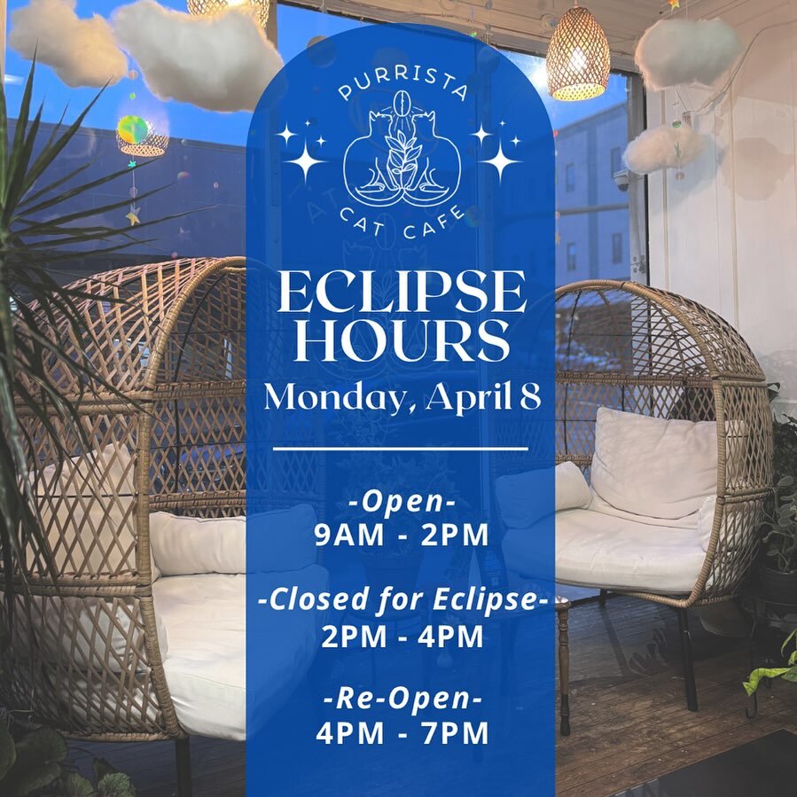 ✨HAPPY ECLIPSE DAY🌙

We will be closed for our baristas &amp; volunteers to enjoy the eclipse experience from 2-4pm.

The schedule for the Solar Eclipse is as follows:
🌔Partial Begins: 2:02 PM
🌒Totality Begins: 3:16 PM
🌑Maximum Eclipse: 3:18 PM
?