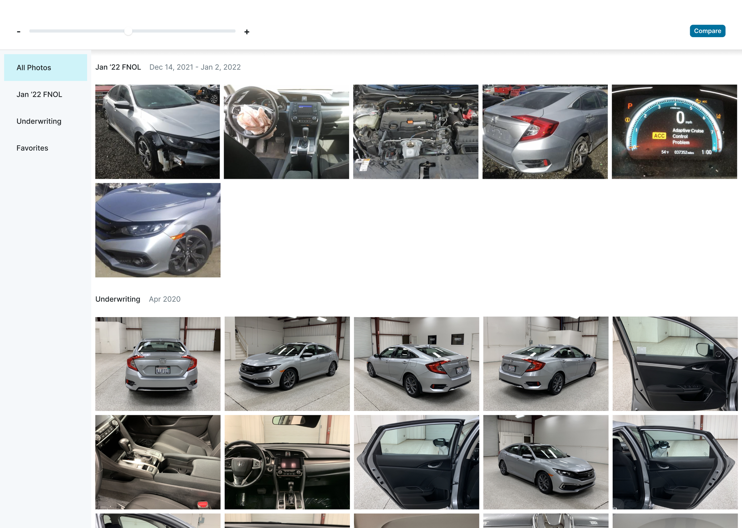There are only two groups of photos (FNOL and underwriting) included in the MVP. I considered eliminating the sidebar nav altogether. Without many albums to look through, the sidebar takes up screen space without providing critical utility. But after