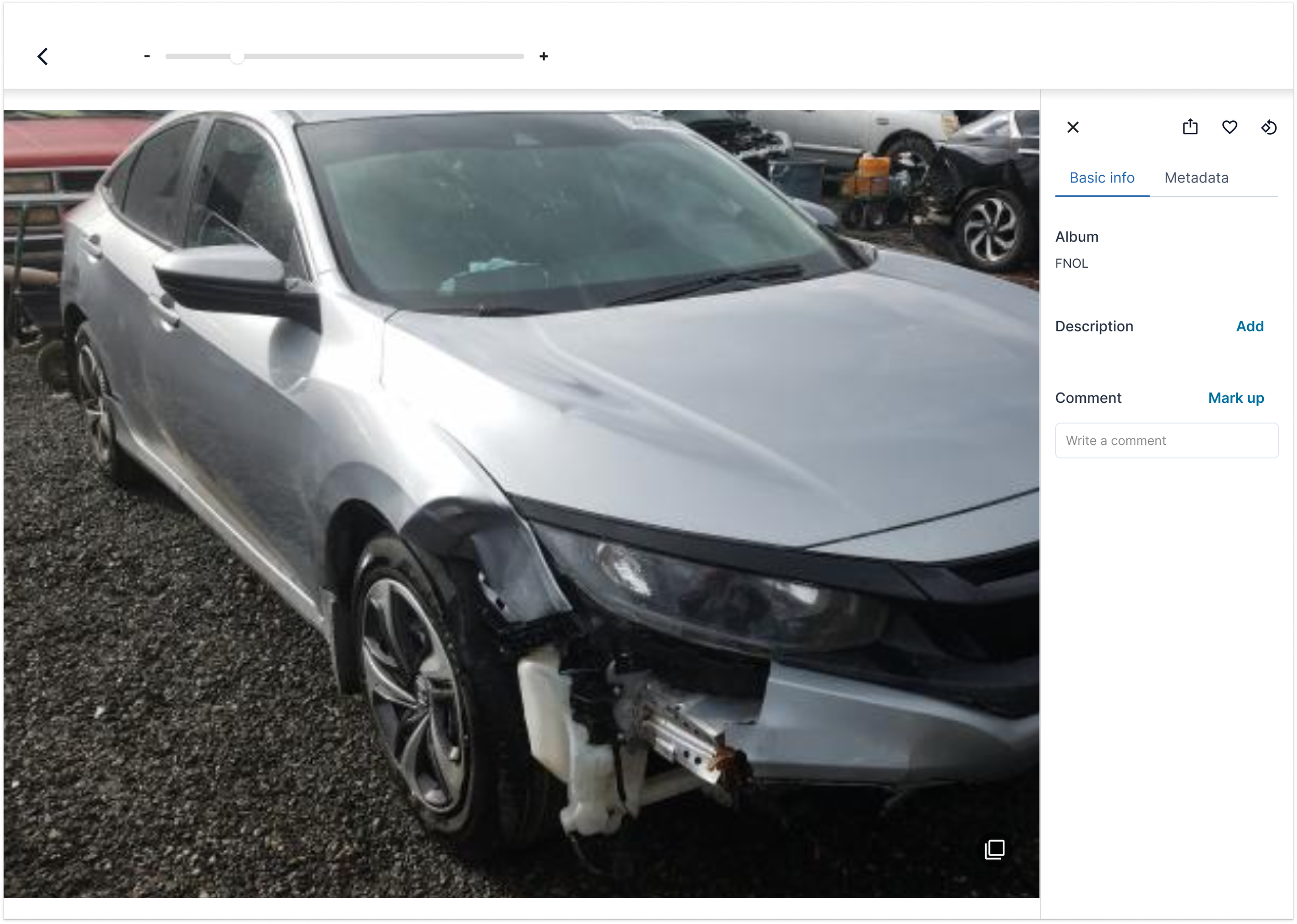 Because they didn't require as much backend work, we were able to include the description, comment, and mark up functionalities in the v1–a huge win for adjusters. 

Additionally, I decided to make photos full screen when adjusters clicked the info b