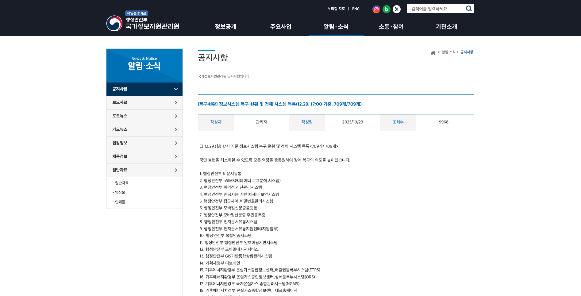 Notice from the National Information Resources Service (NIRS): Status of Information System Recovery + Complete System List —includes Two TRC 2 SYSTEMS which were affected by the fire but RECOVERED.