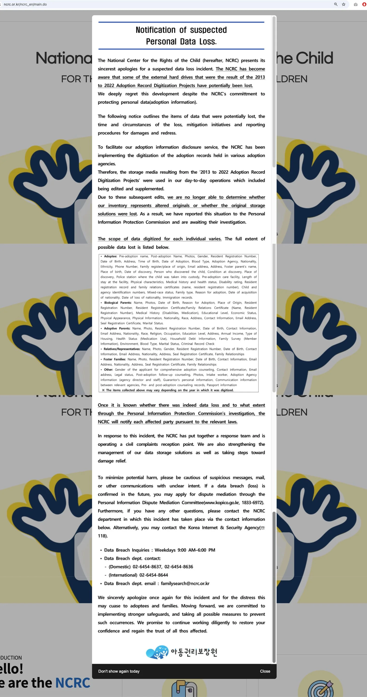 NCRC posts “Notification of Suspected Personal Data Loss.”