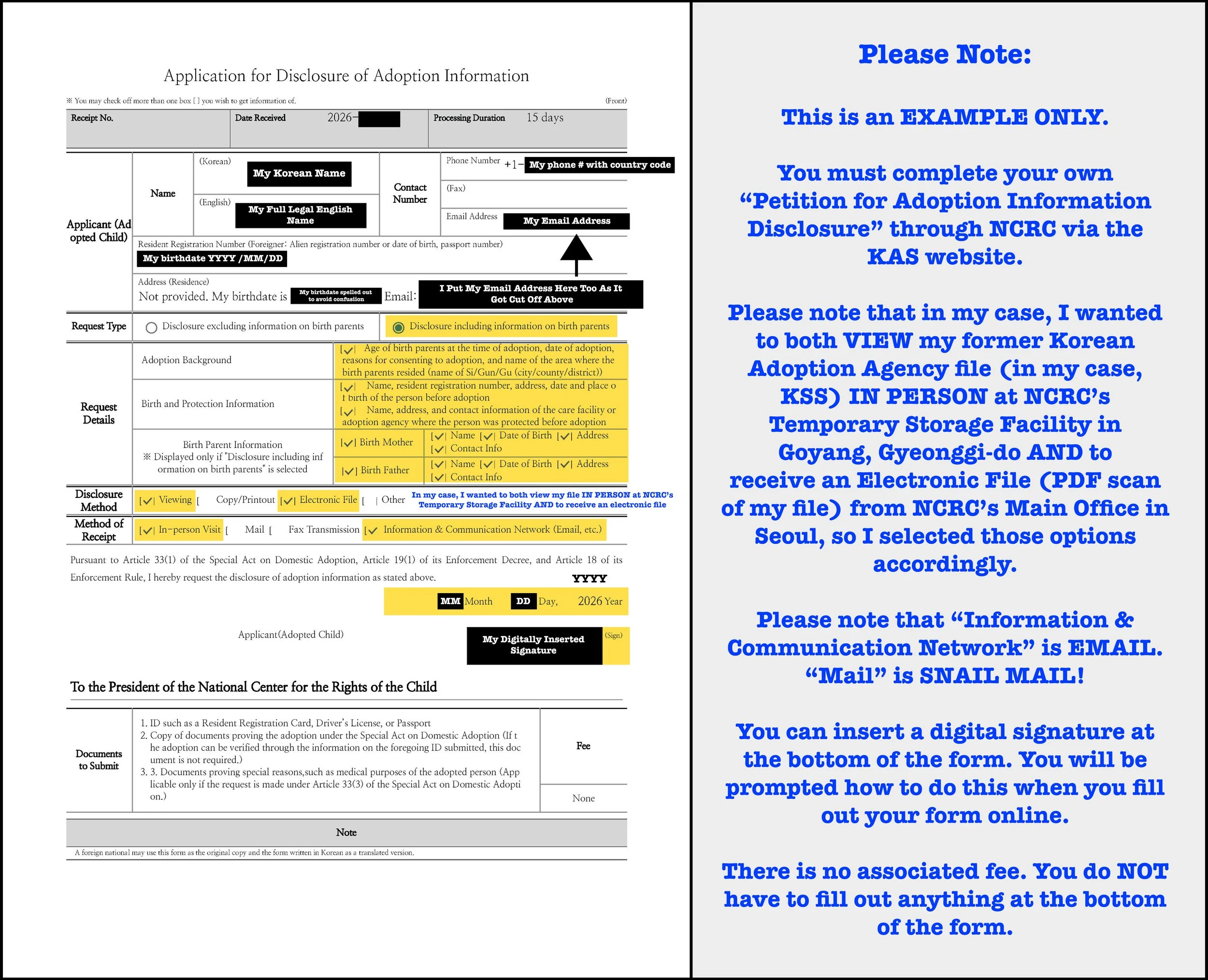 Example of My Completed “Petition for Adoption Information Disclosure” form submitted to NCRC via the KAS website.