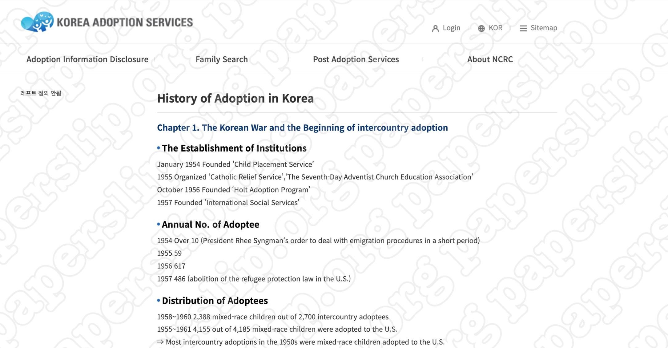 Archived Screenshot/s Of The “History of Adoption in Korea” Page From The Old KAS (Korea Adoption Services) Website. (NCRC is erasing our history).